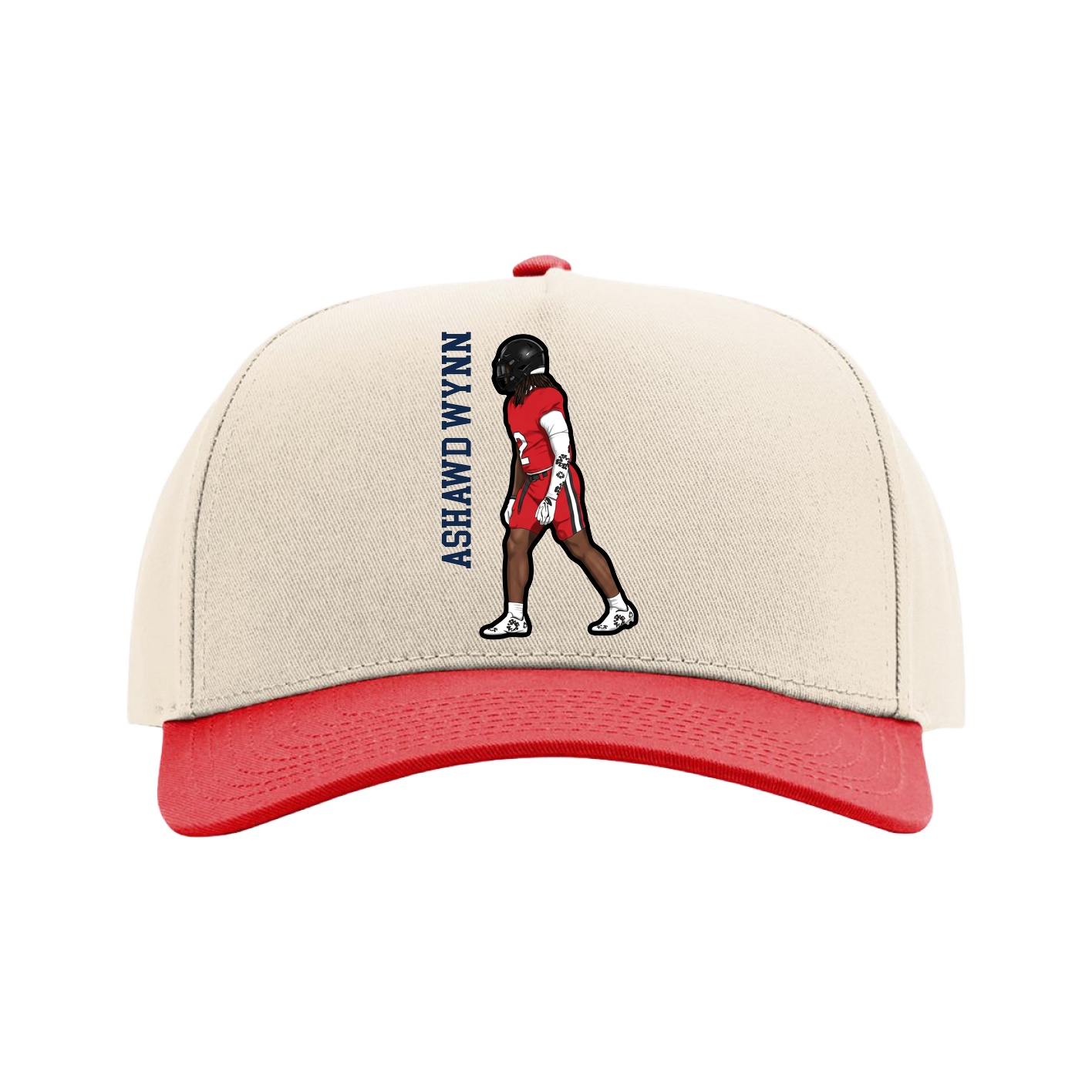 Full Fabric Five-Panel Champ Cap — Name Vertical in Cream/Red