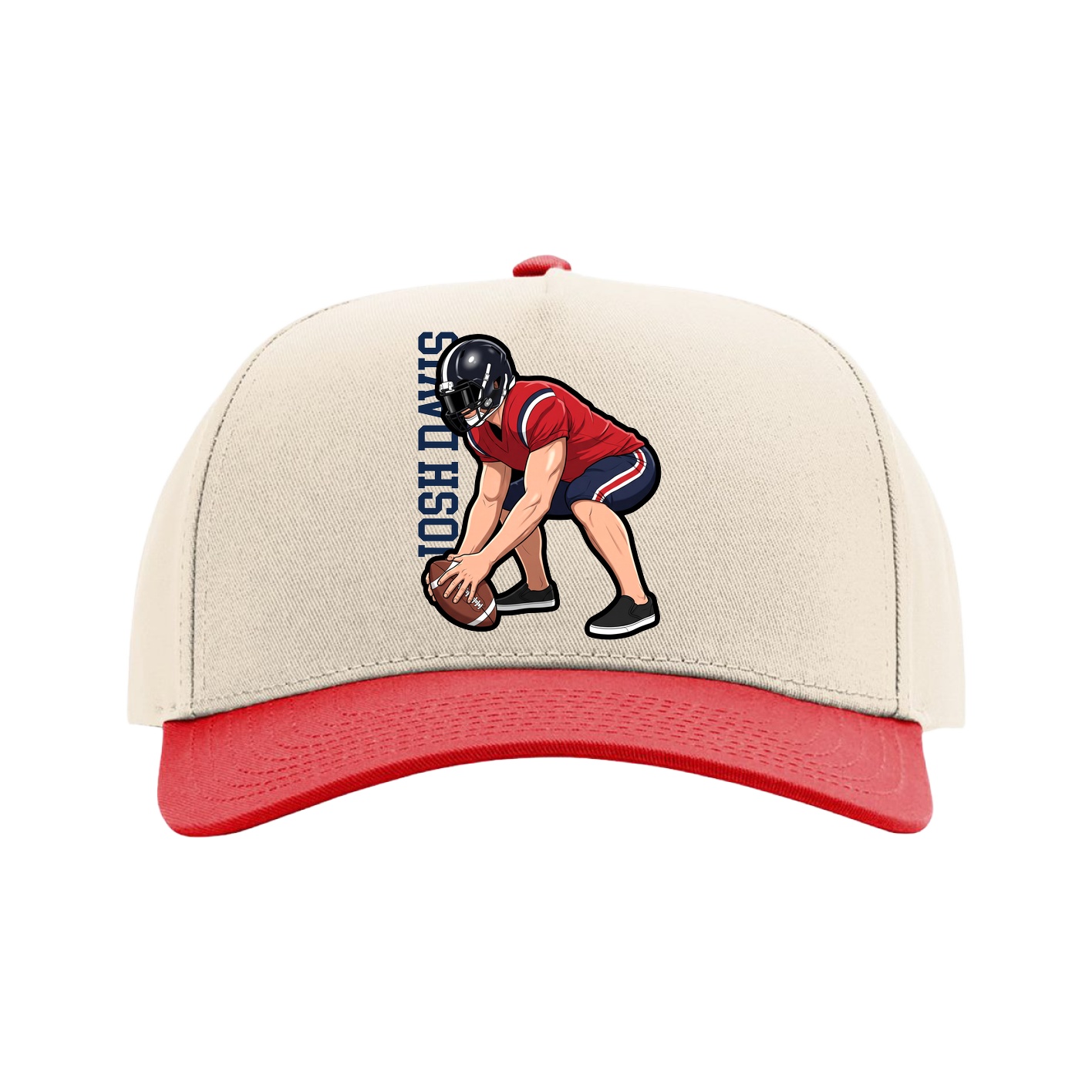 Full Fabric Five-Panel Champ Cap — Name Vertical in Cream/Red
