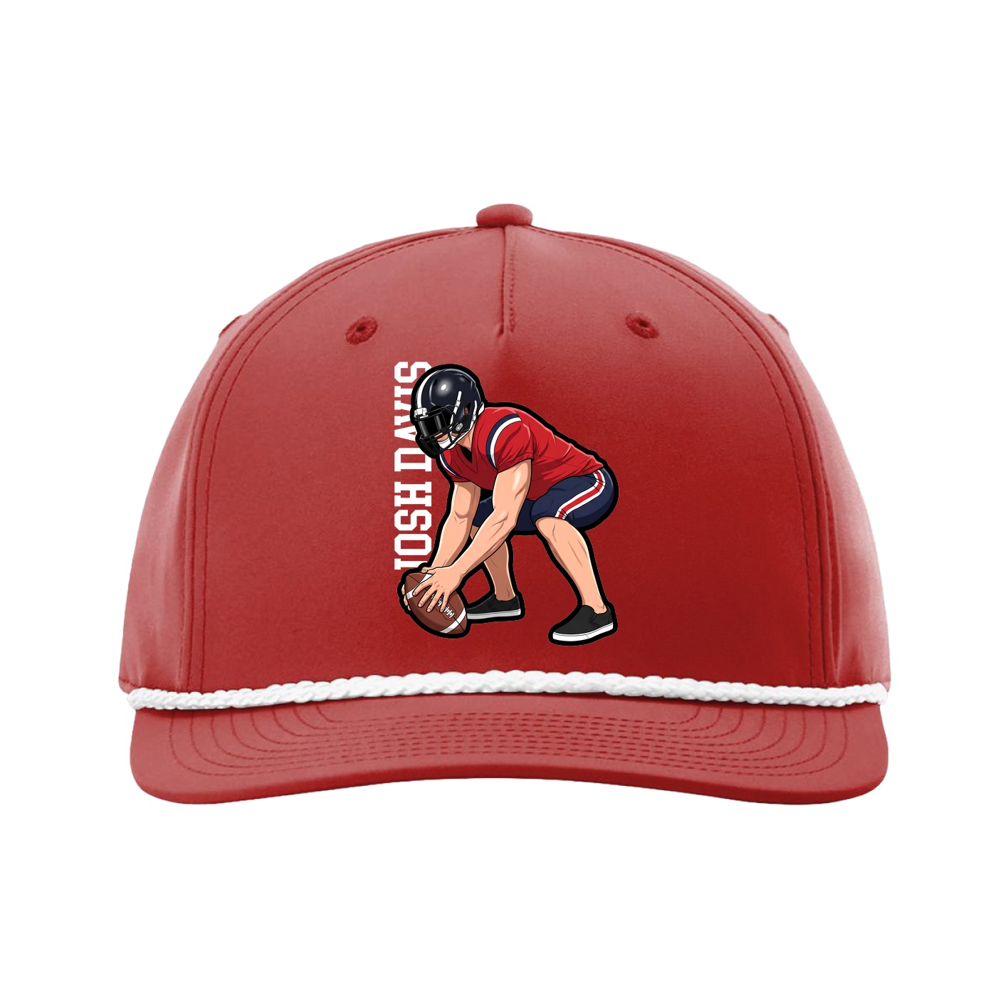 Five-Panel Classic Rope Cap — Name Vertical in Red