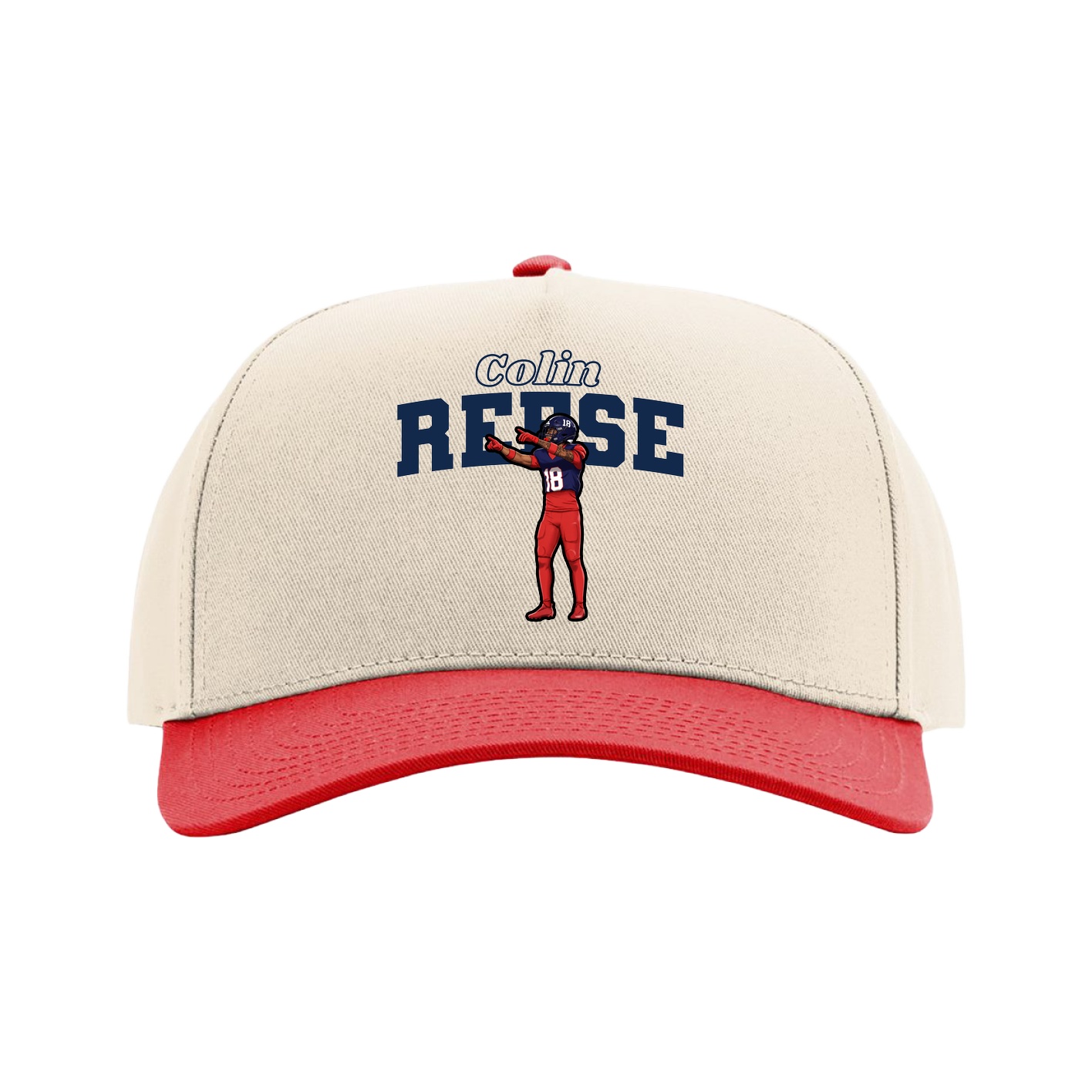 Full Fabric Five-Panel Champ Cap — Name Arch in Cream/Red