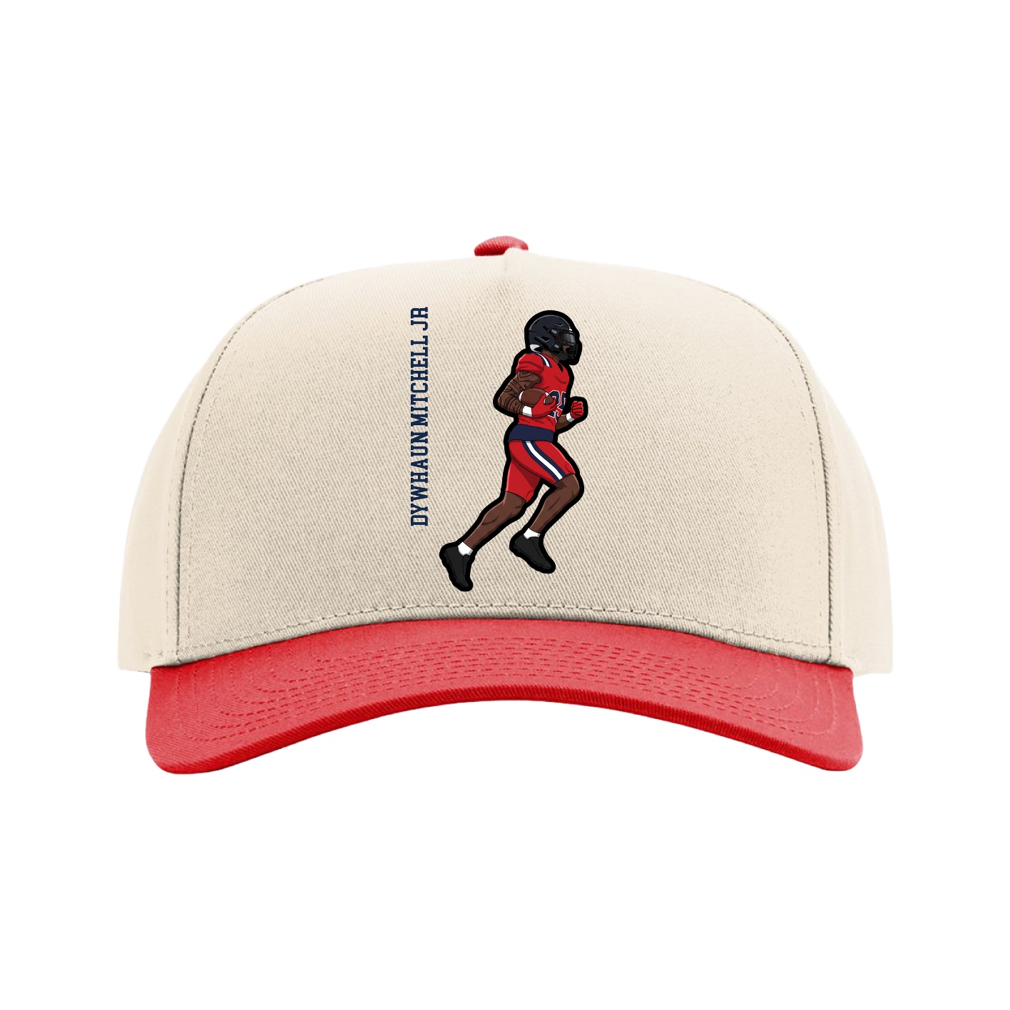 Full Fabric Five-Panel Champ Cap — Name Vertical in Cream/Red