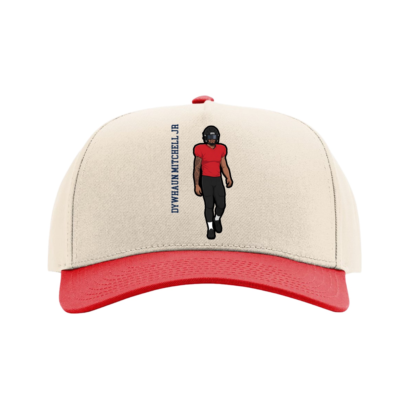 Full Fabric Five-Panel Champ Cap — Name Vertical in Cream/Red