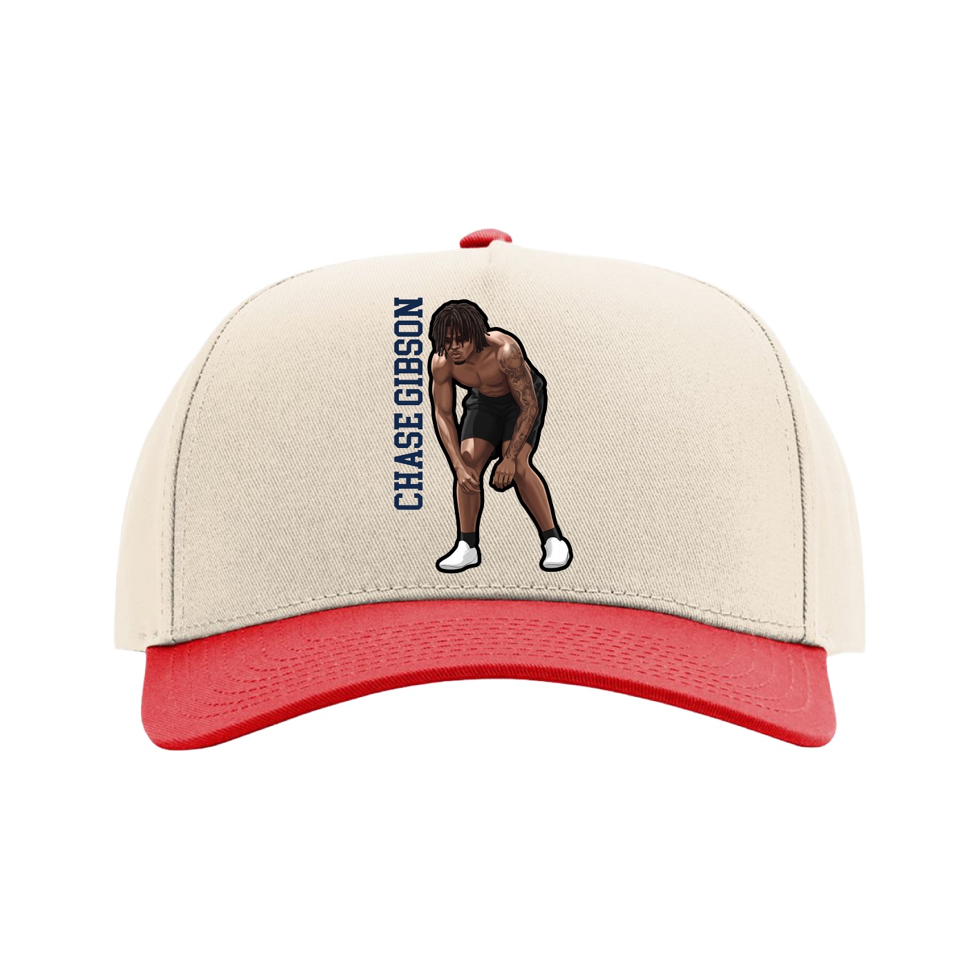 Full Fabric Five-Panel Champ Cap — Name Vertical in Cream/Red