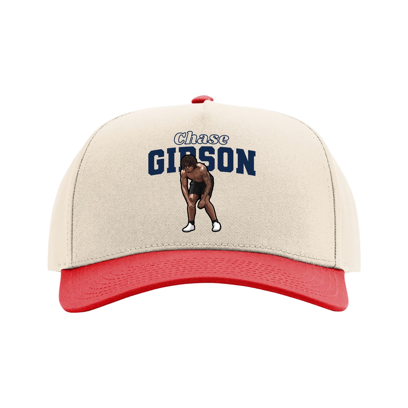 Full Fabric Five-Panel Champ Cap — Name Arch in Cream/Red