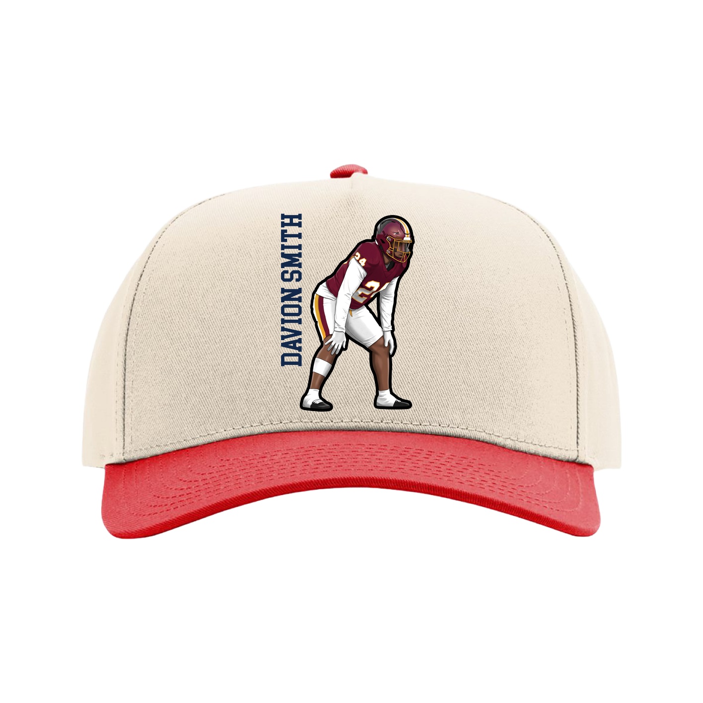 Full Fabric Five-Panel Champ Cap — Name Vertical in Cream/Red