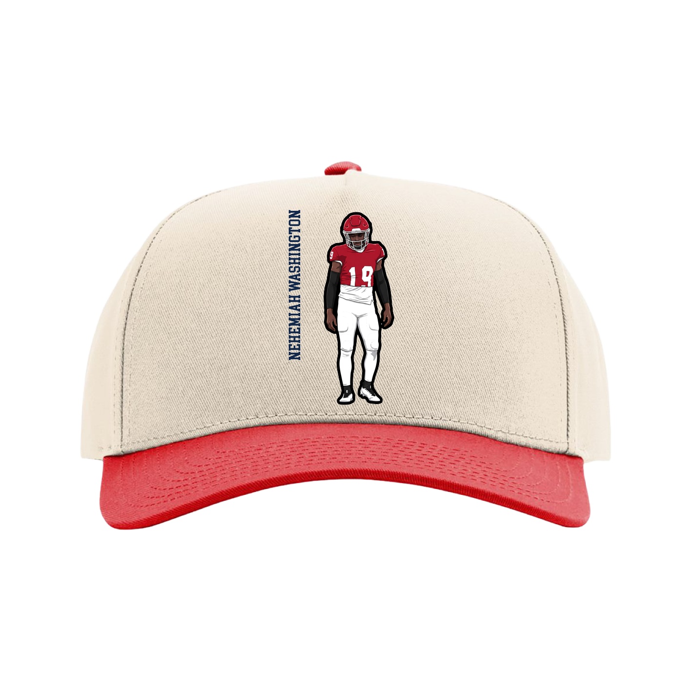 Full Fabric Five-Panel Champ Cap — Name Vertical in Cream/Red