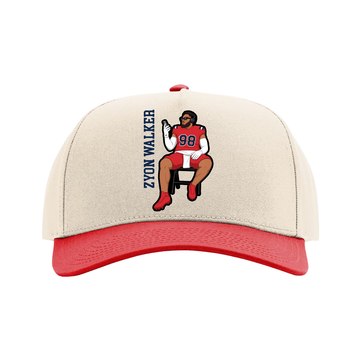 Full Fabric Five-Panel Champ Cap — Name Vertical in Cream/Red