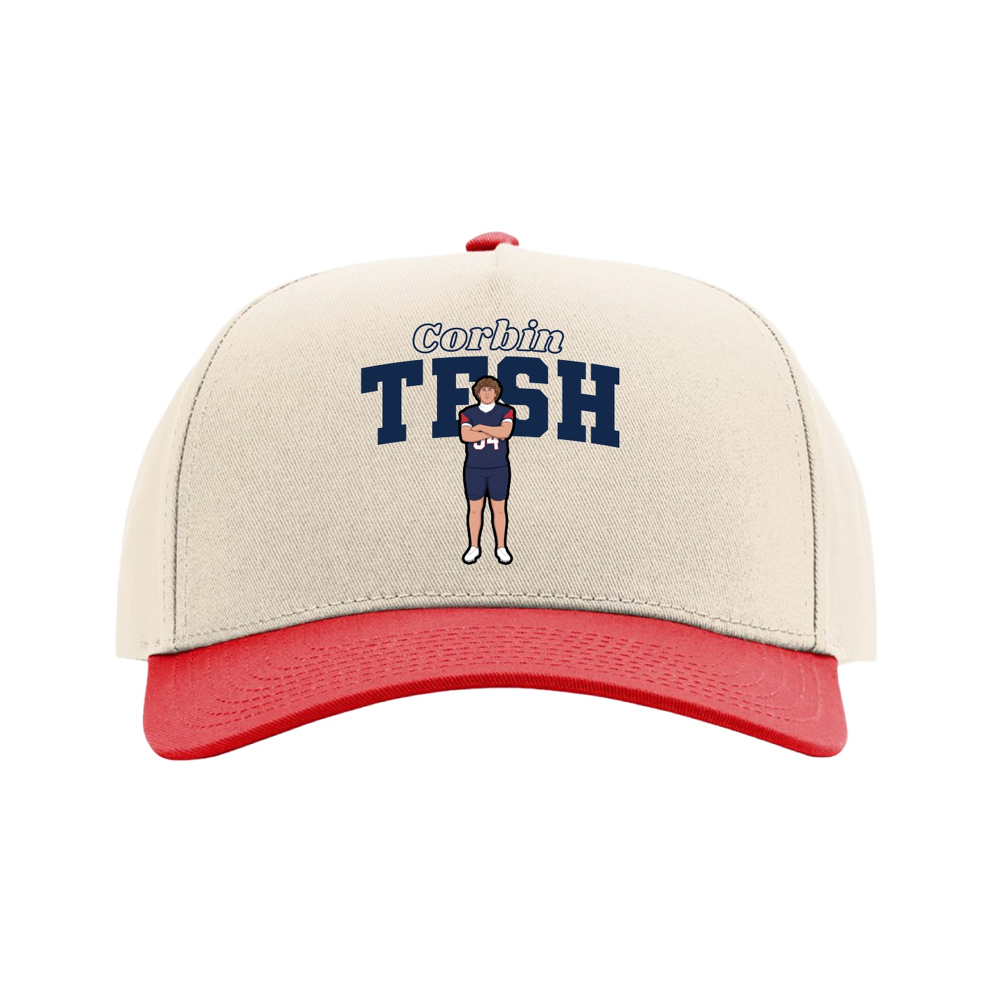 Full Fabric Five-Panel Champ Cap — Name Arch in Cream/Red