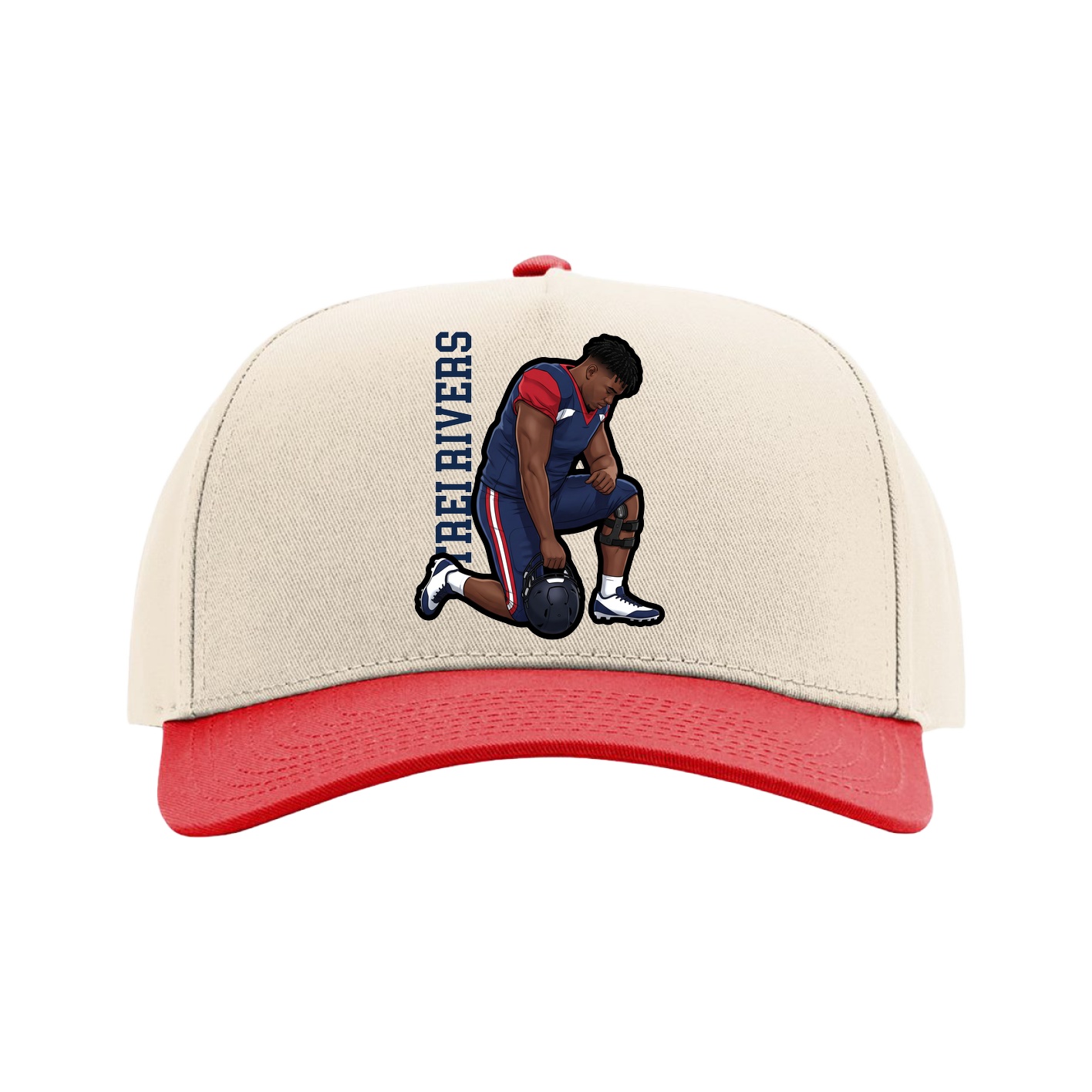 Full Fabric Five-Panel Champ Cap — Name Vertical in Cream/Red