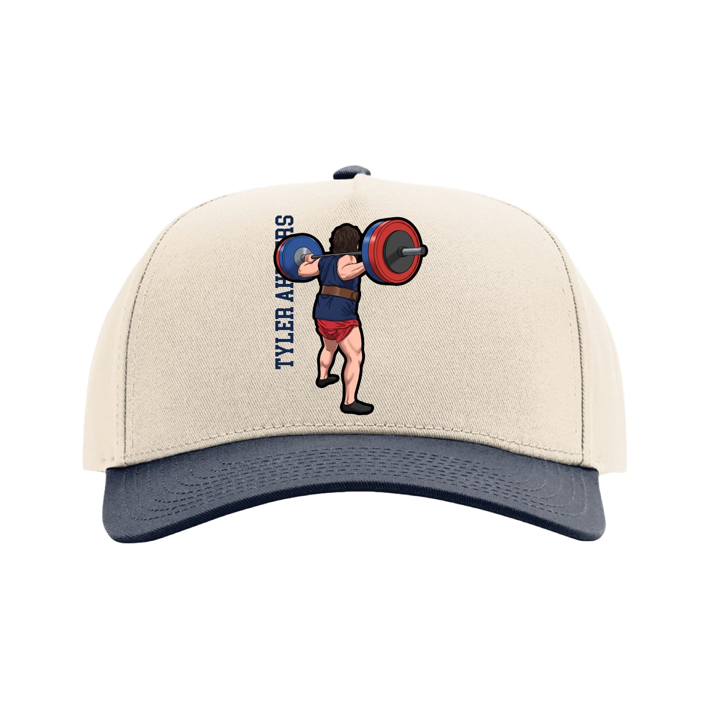 Full Fabric Five-Panel Champ Cap — Name Vertical in Cream/Navy