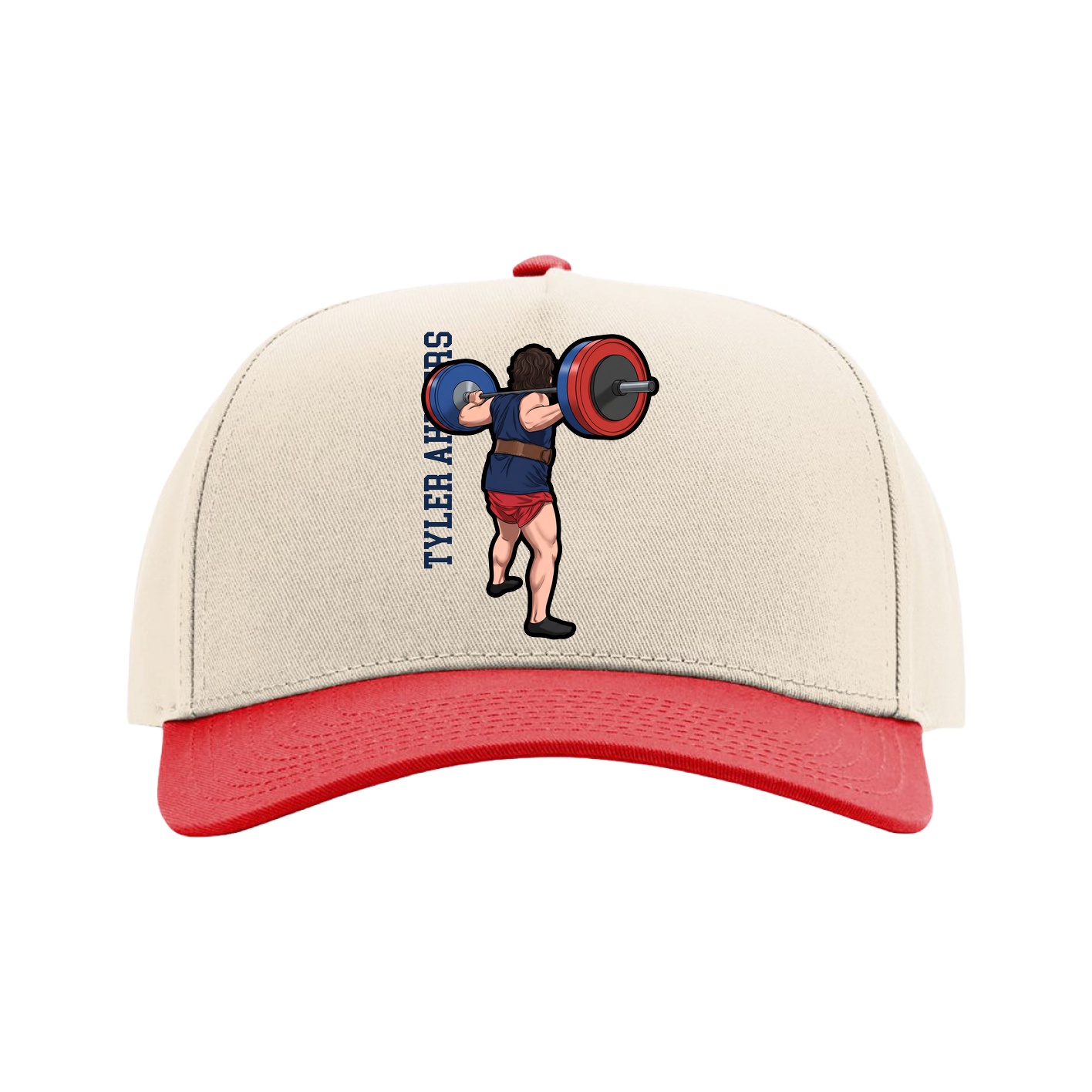 Full Fabric Five-Panel Champ Cap — Name Vertical in Cream/Red