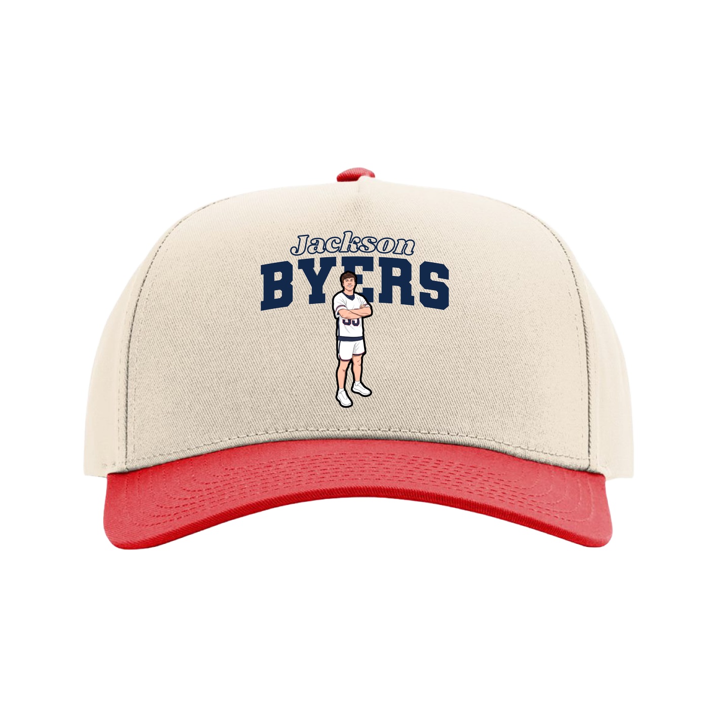 Full Fabric Five-Panel Champ Cap — Name Arch in Cream/Red