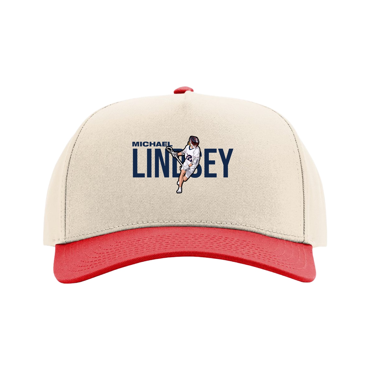 Full Fabric Five-Panel Champ Cap — Player Name in Cream/Red