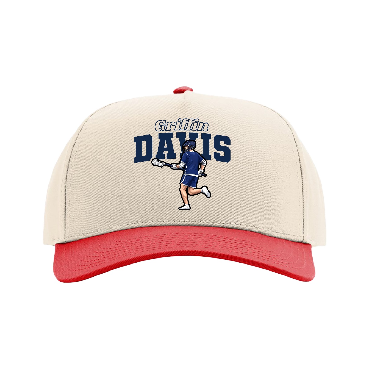 Full Fabric Five-Panel Champ Cap — Name Arch in Cream/Red