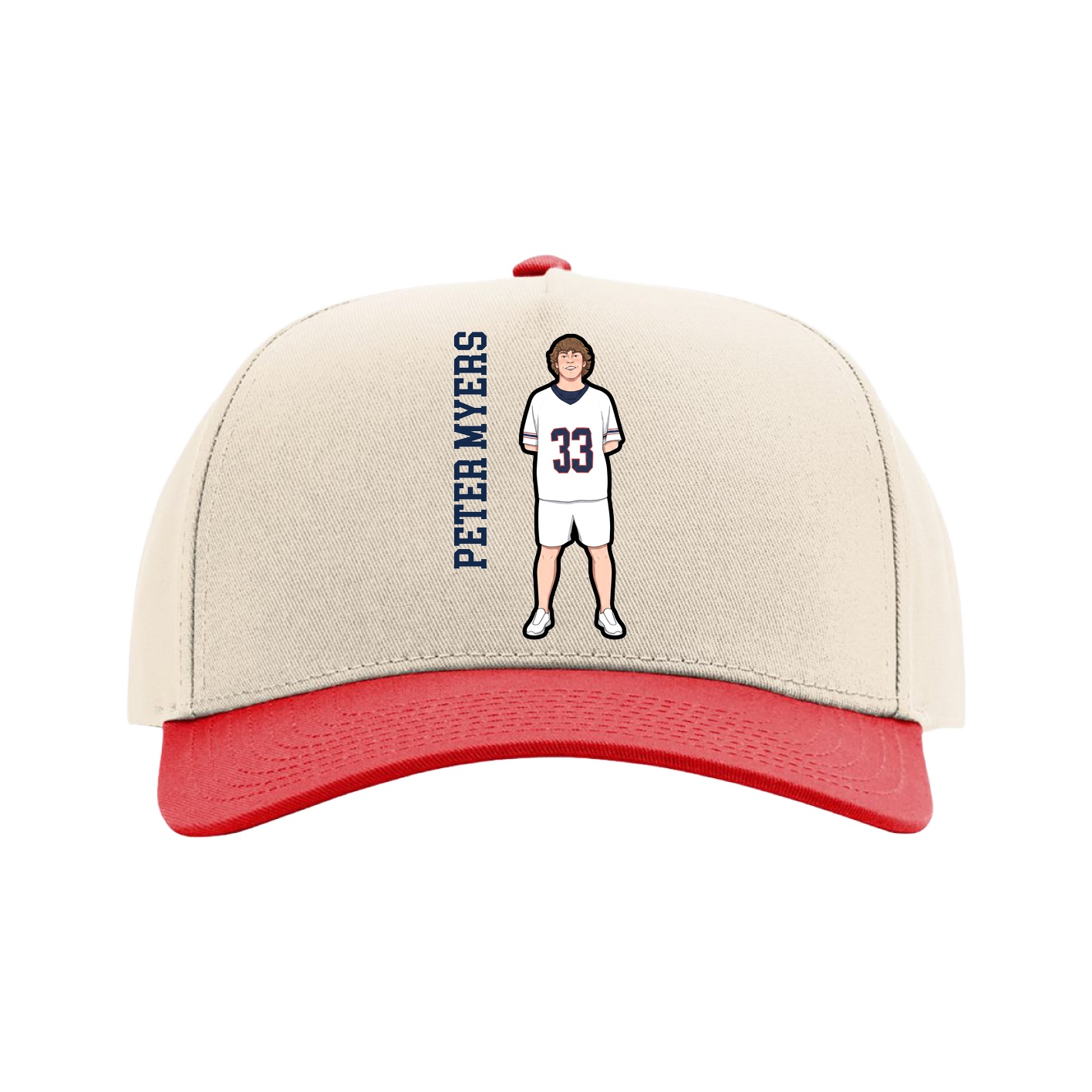 Full Fabric Five-Panel Champ Cap — Name Vertical in Cream/Red