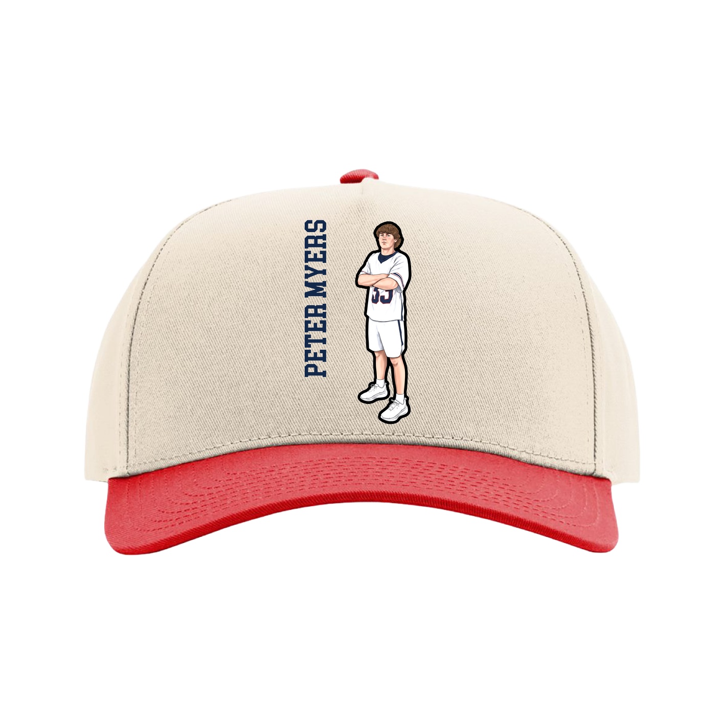 Full Fabric Five-Panel Champ Cap — Name Vertical in Cream/Red