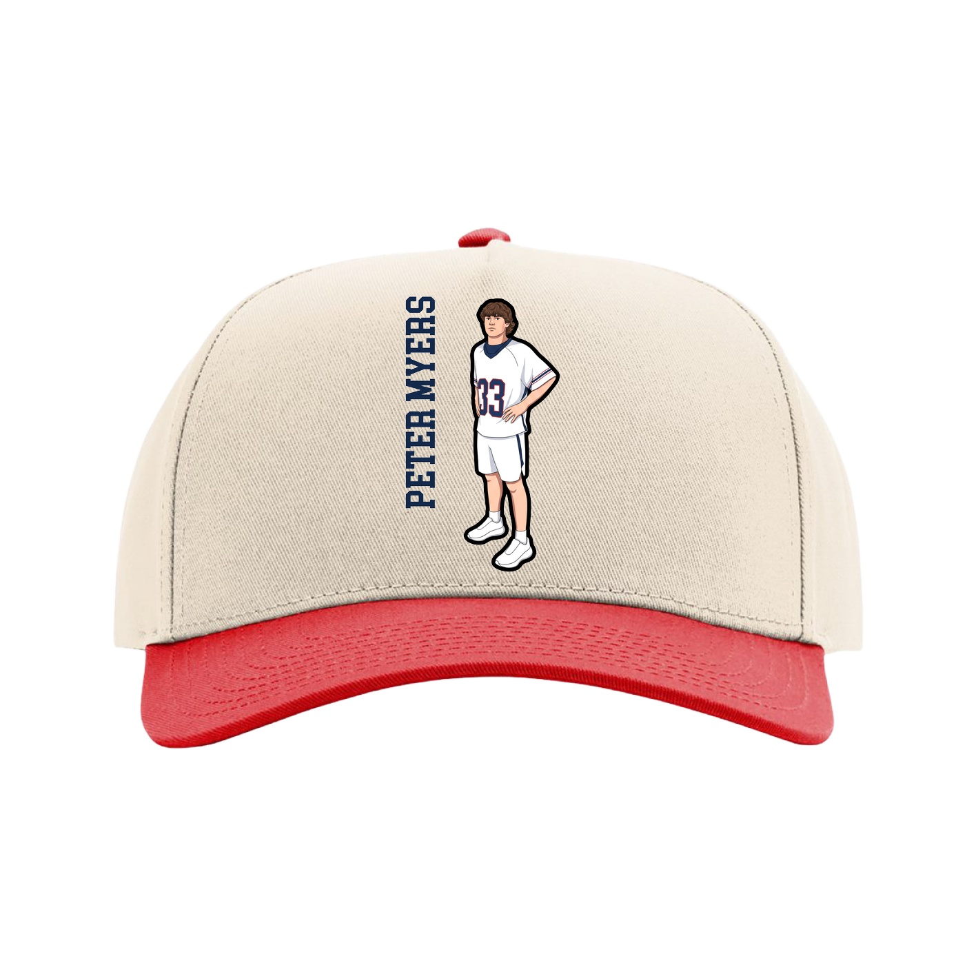 Full Fabric Five-Panel Champ Cap — Name Vertical in Cream/Red