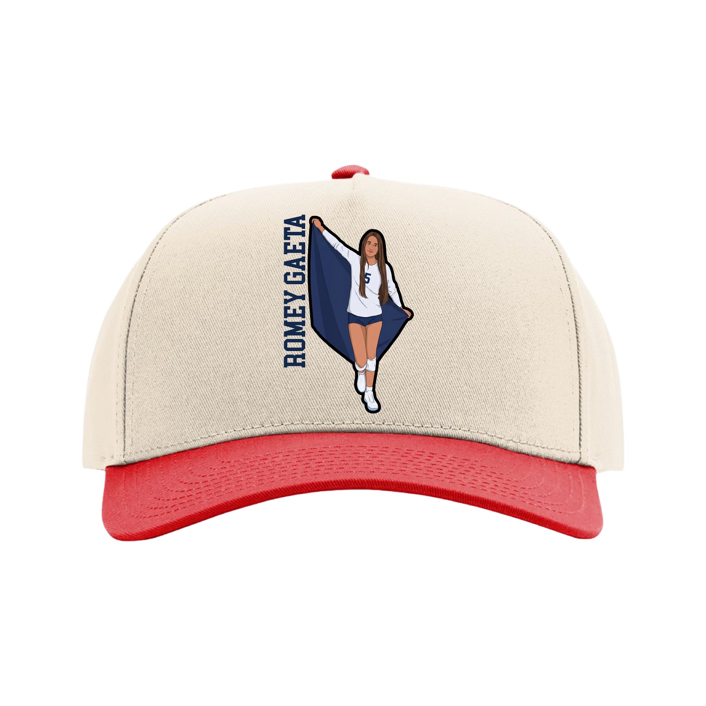 Full Fabric Five-Panel Champ Cap — Name Vertical in Cream/Red