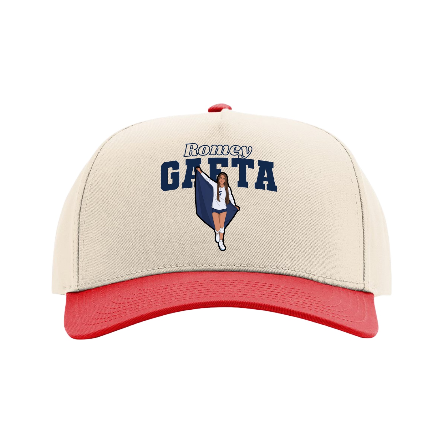 Full Fabric Five-Panel Champ Cap — Name Arch in Cream/Red