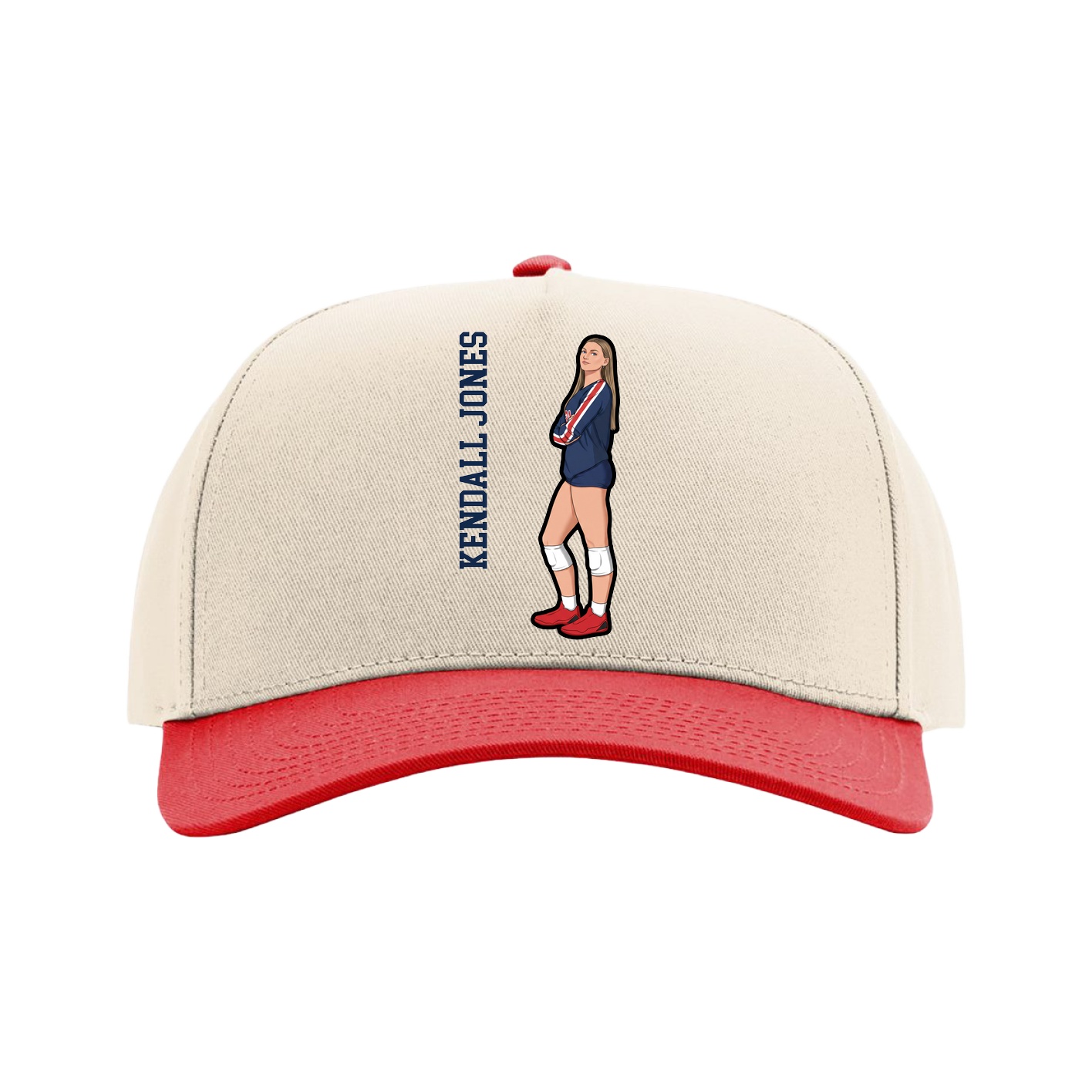 Full Fabric Five-Panel Champ Cap — Name Vertical in Cream/Red
