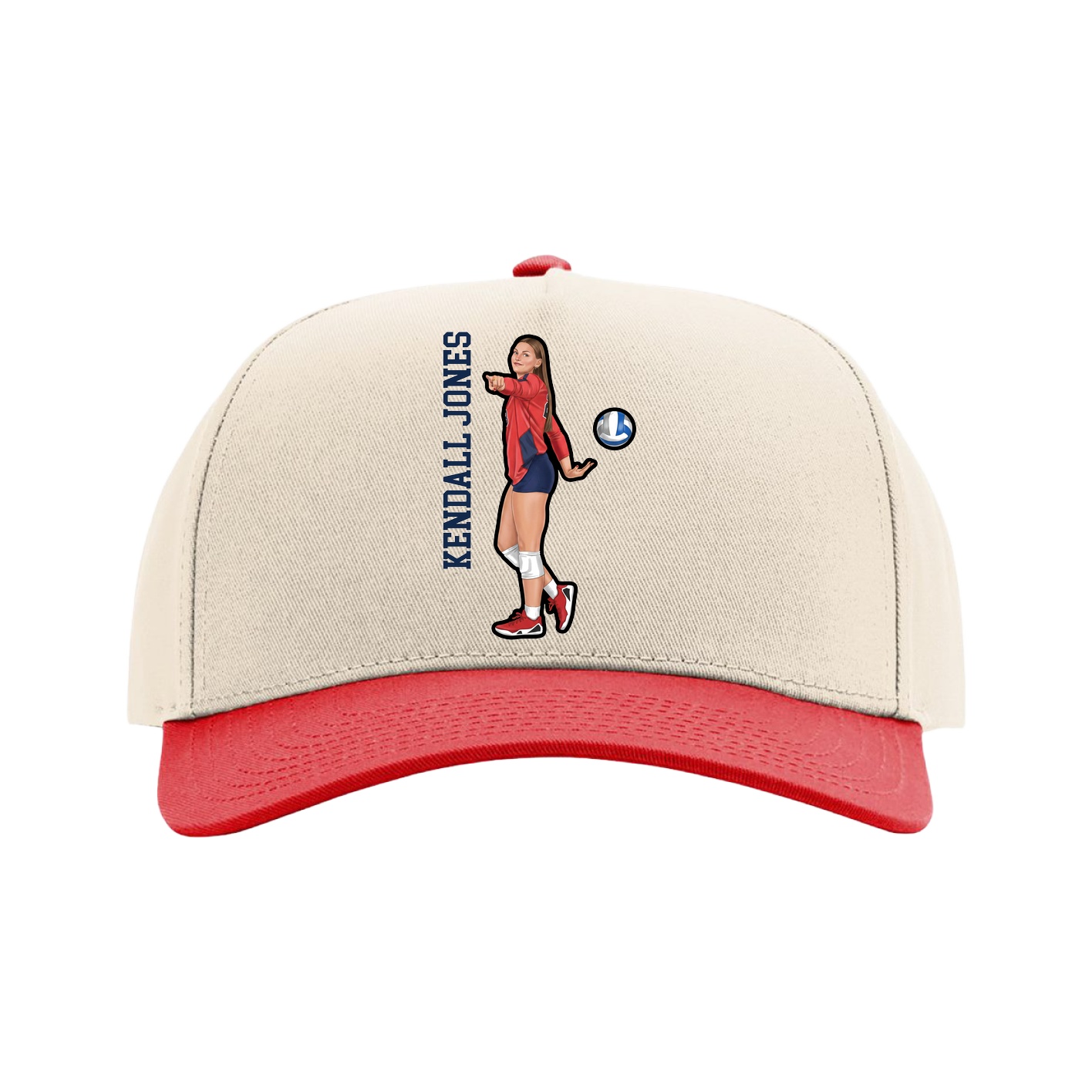 Full Fabric Five-Panel Champ Cap — Name Vertical in Cream/Red