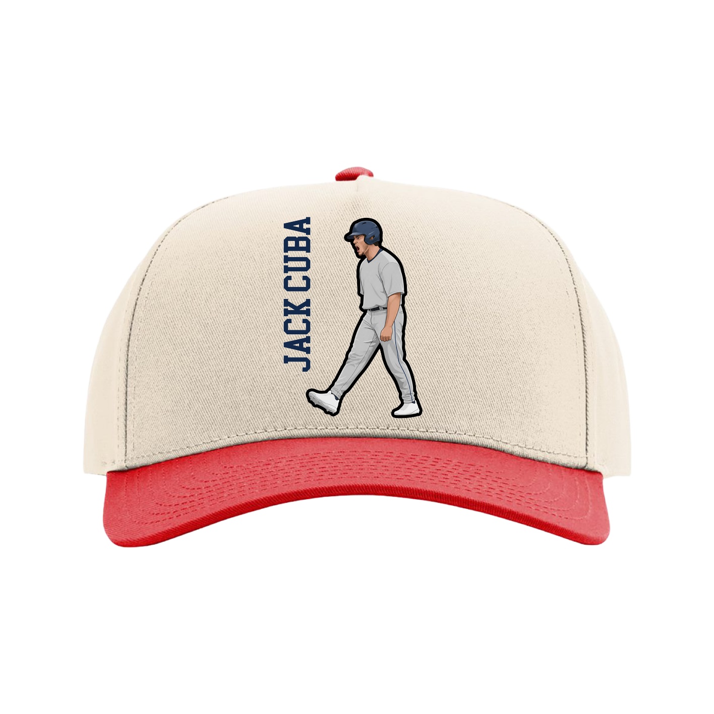 Full Fabric Five-Panel Champ Cap — Name Vertical in Cream/Red