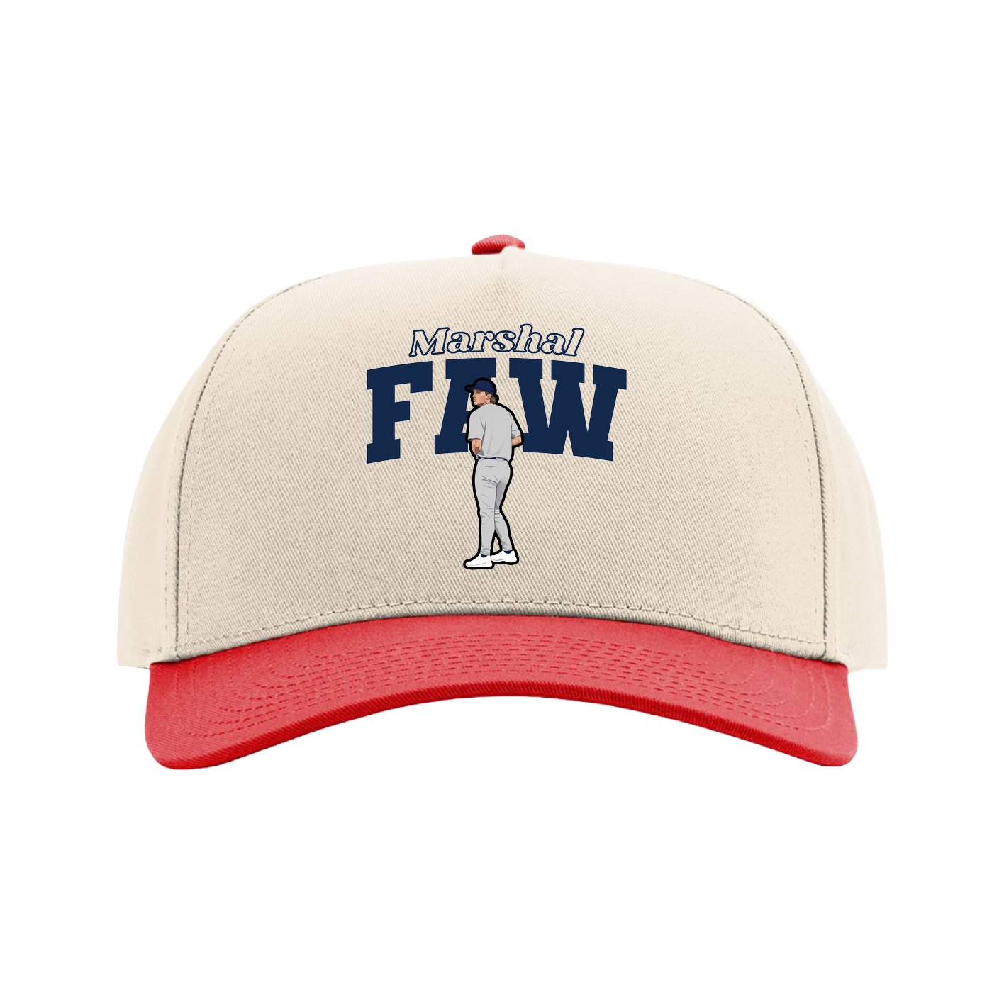 Full Fabric Five-Panel Champ Cap — Name Arch in Cream/Red
