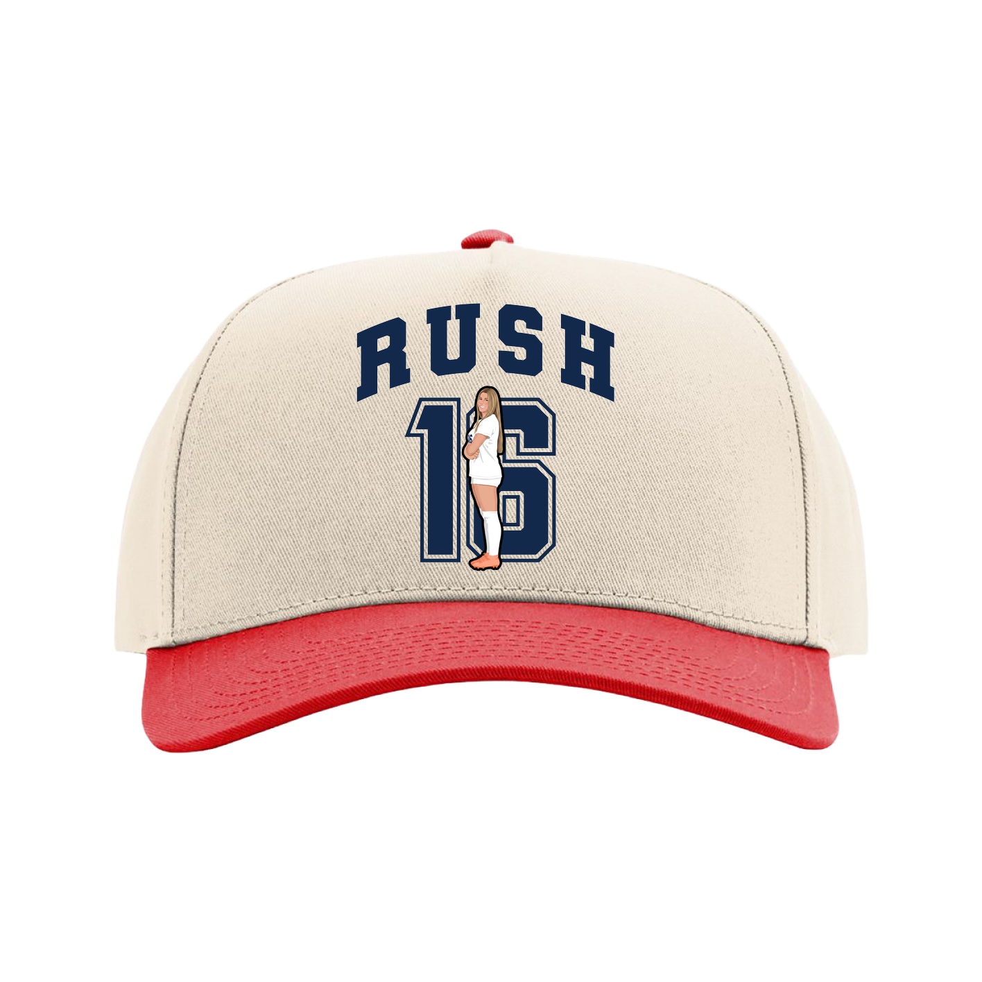 Full Fabric Five-Panel Champ Cap — Number in Cream/Red