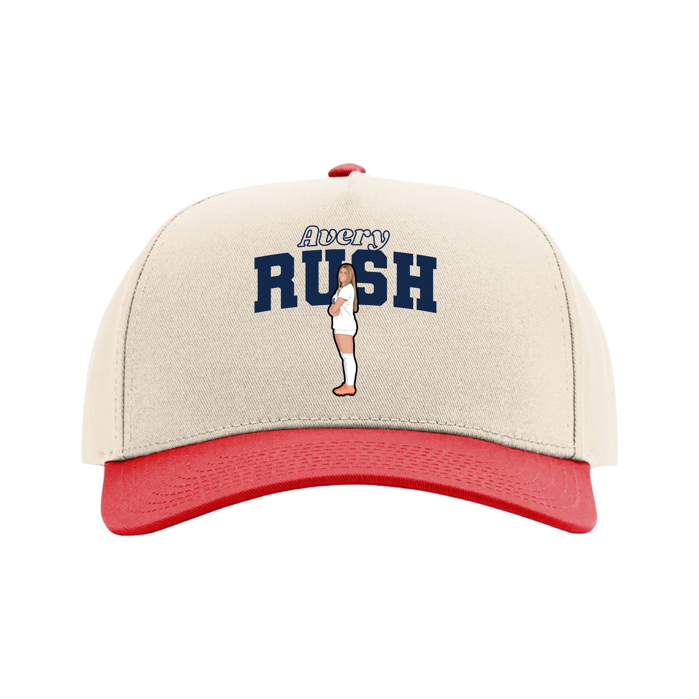 Full Fabric Five-Panel Champ Cap — Name Arch in Cream/Red