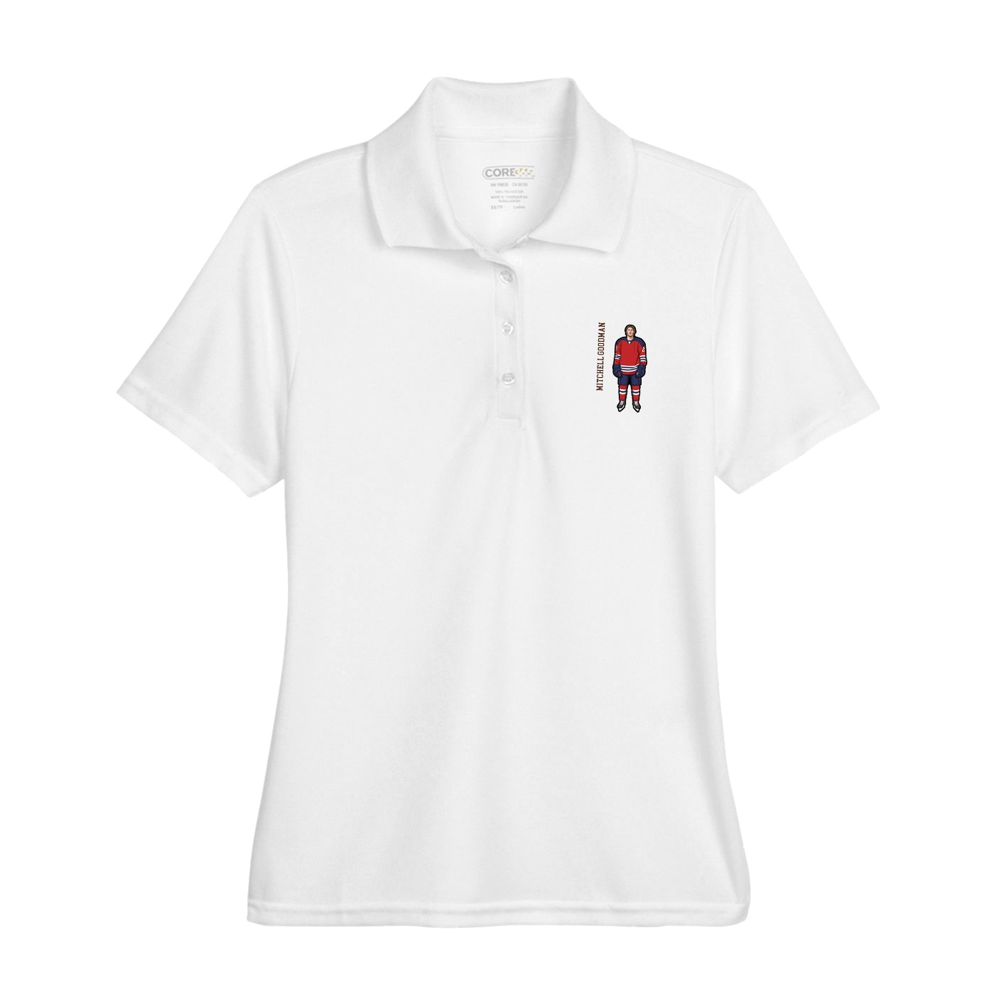 Womens Performance Polo — Name Vertical in White