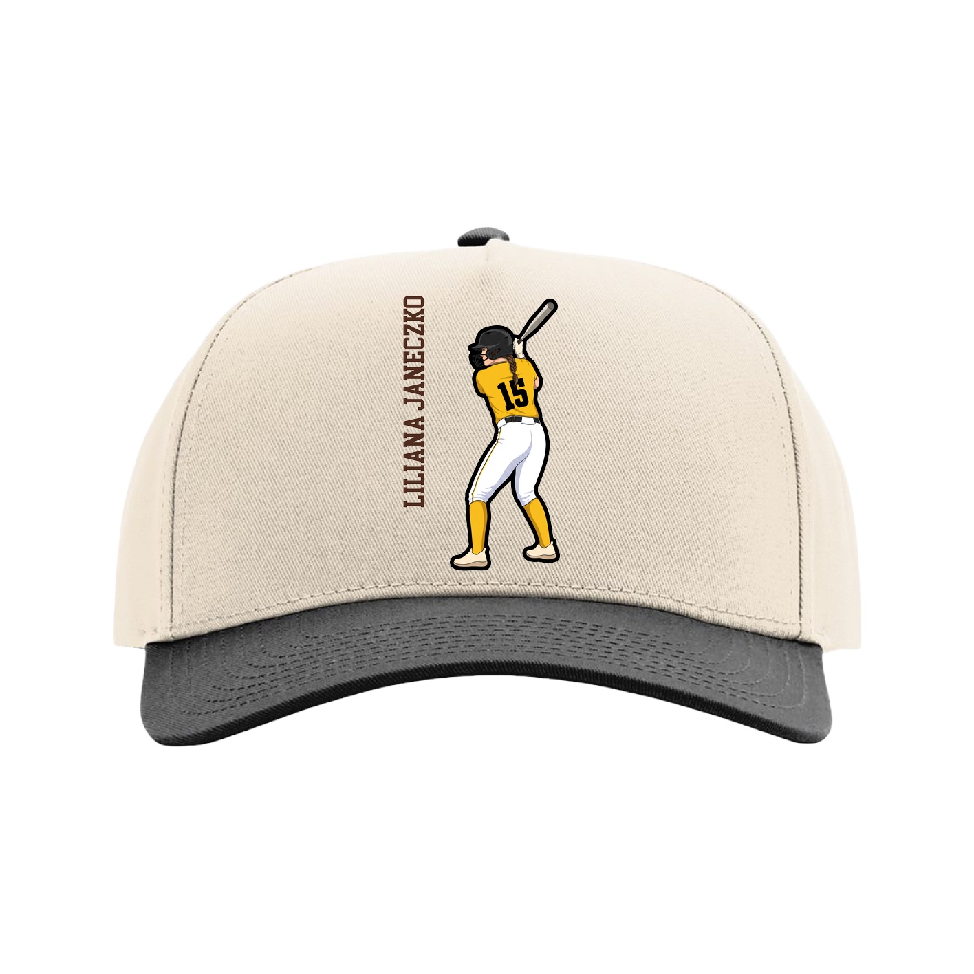 Full Fabric Five-Panel Champ Cap — Name Vertical in Cream/Black