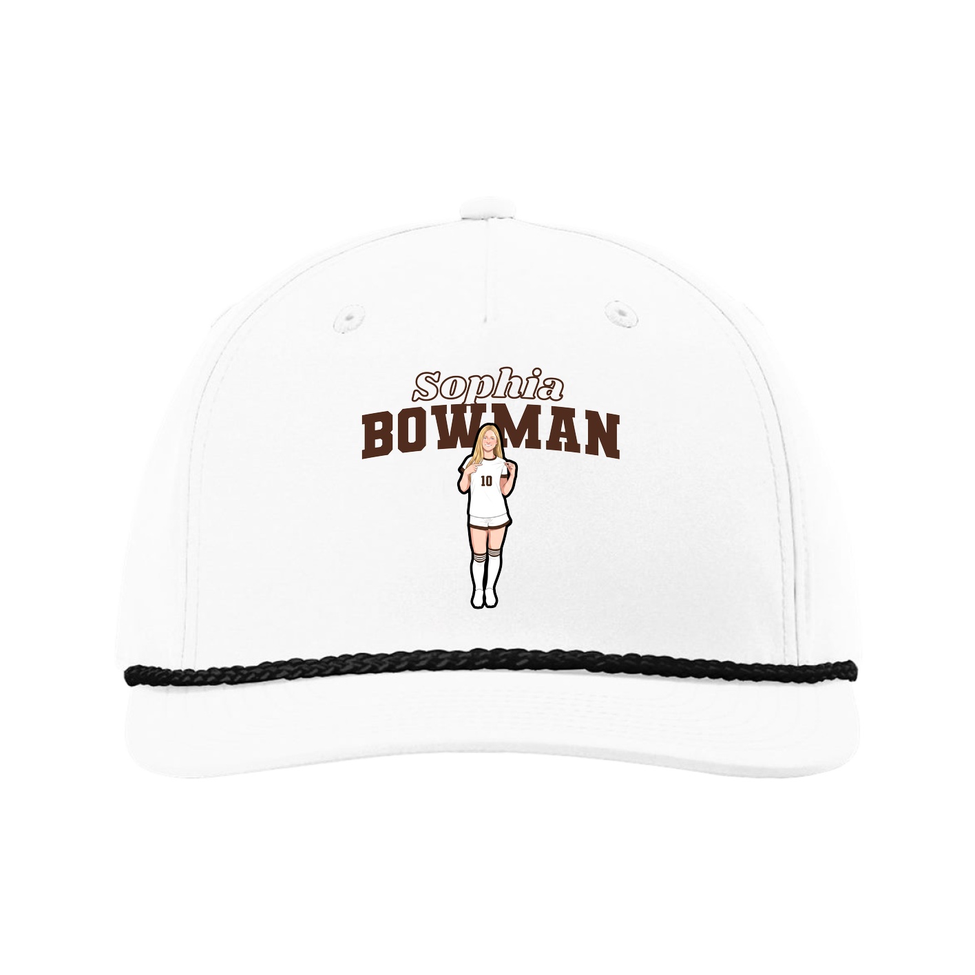 Five-Panel Classic Rope Cap — Name Arch in White
