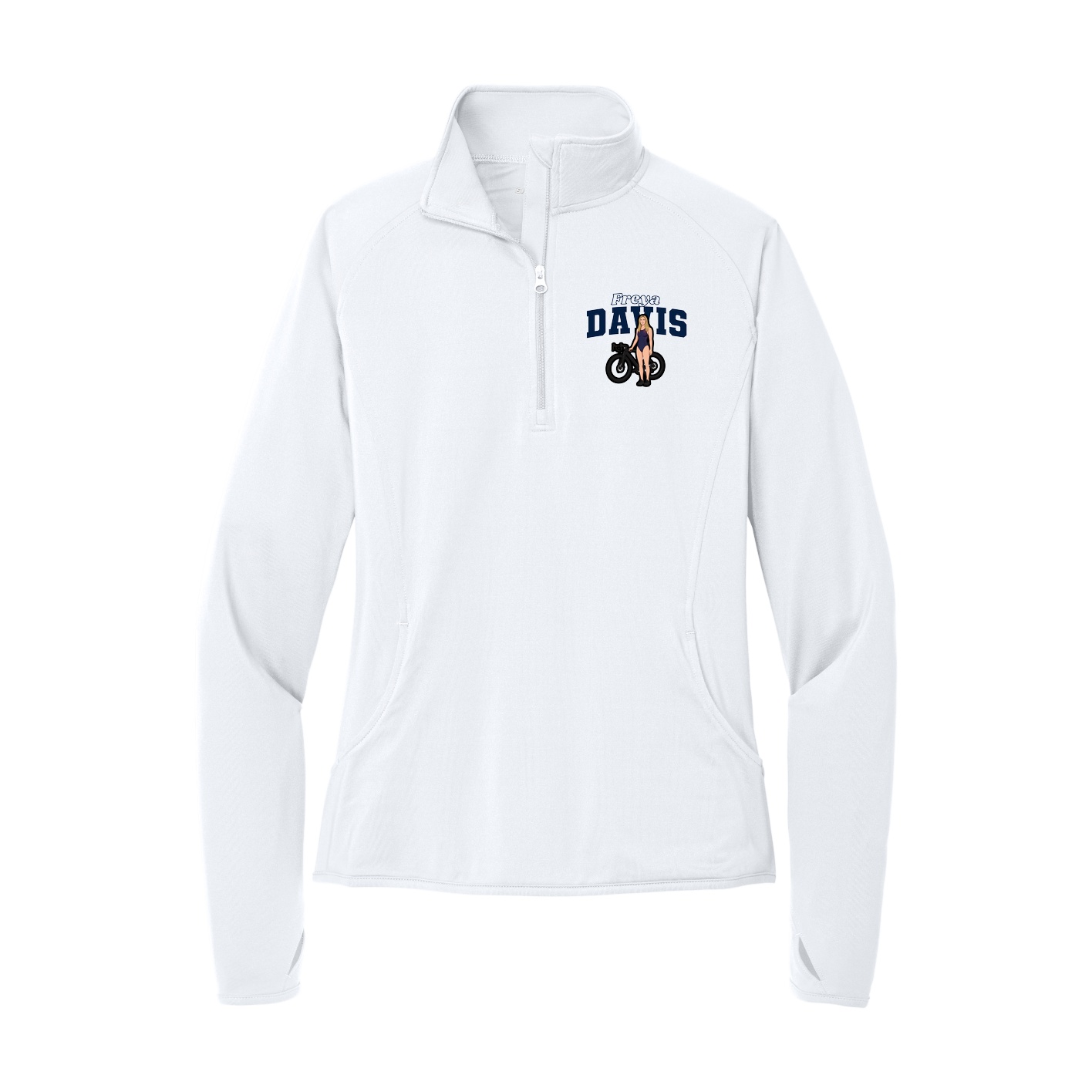 Women's Q-Zip Pullover — Name Arch in White