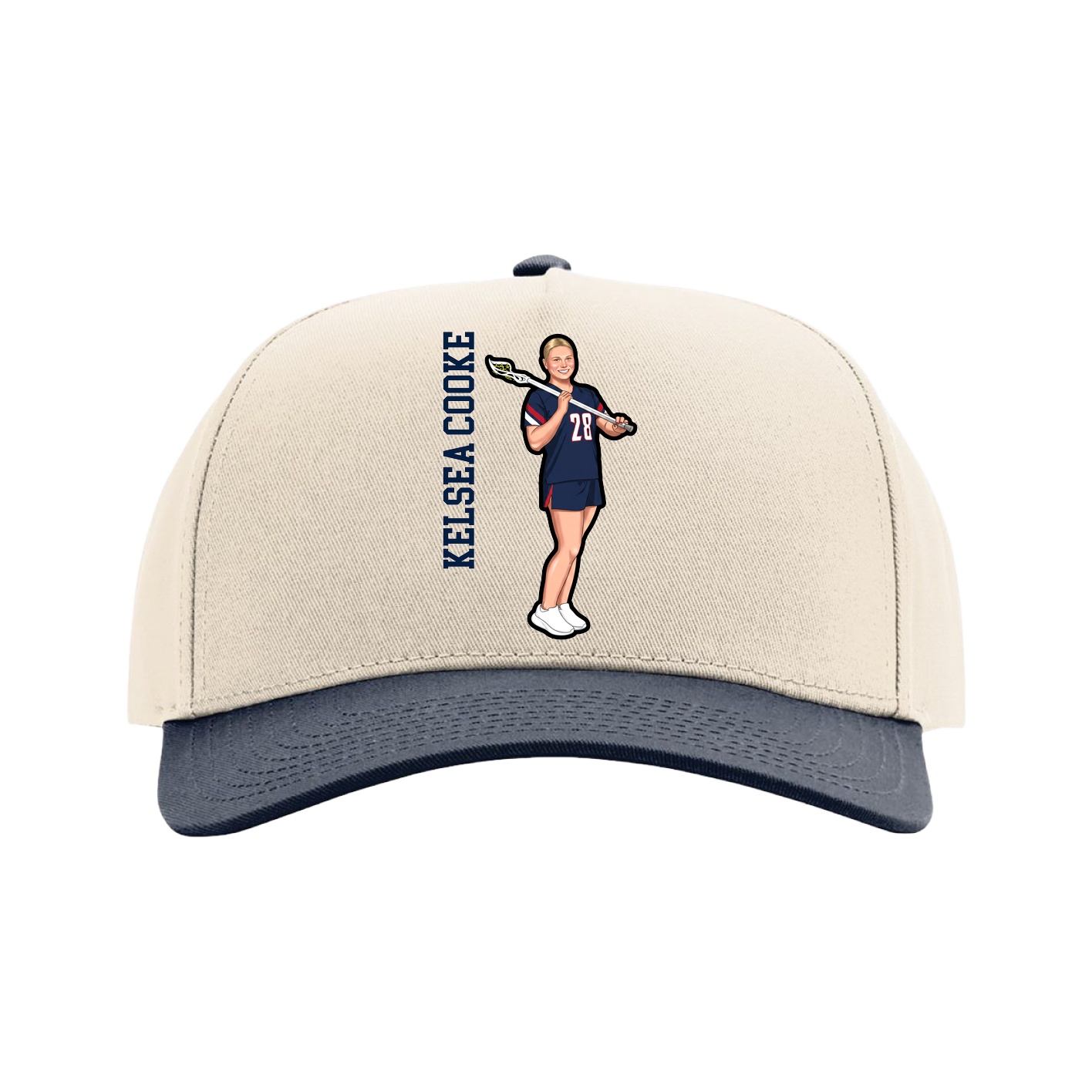 Full Fabric Five-Panel Champ Cap — Name Vertical in Cream/Navy