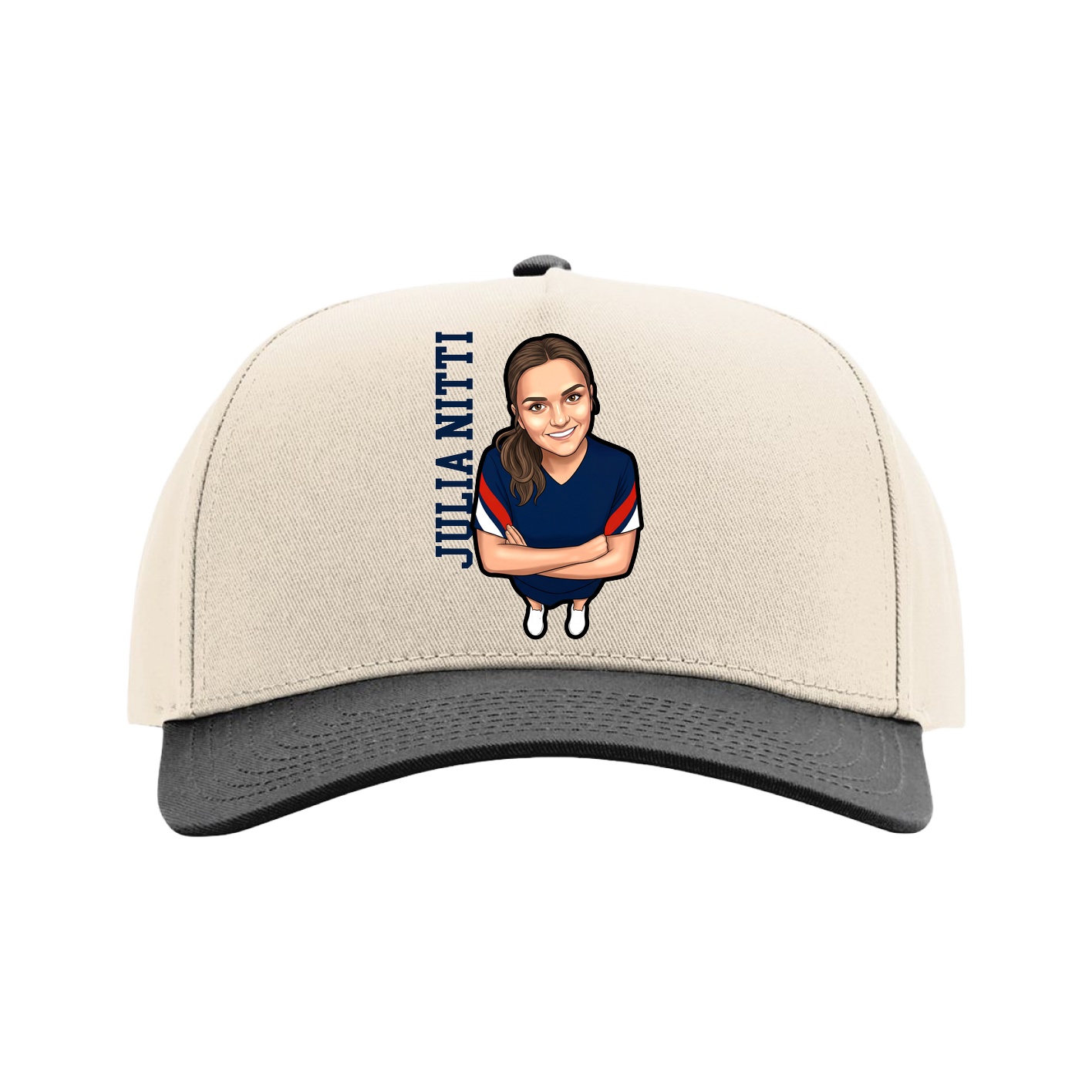 Full Fabric Five-Panel Champ Cap — Name Vertical in Cream/Black