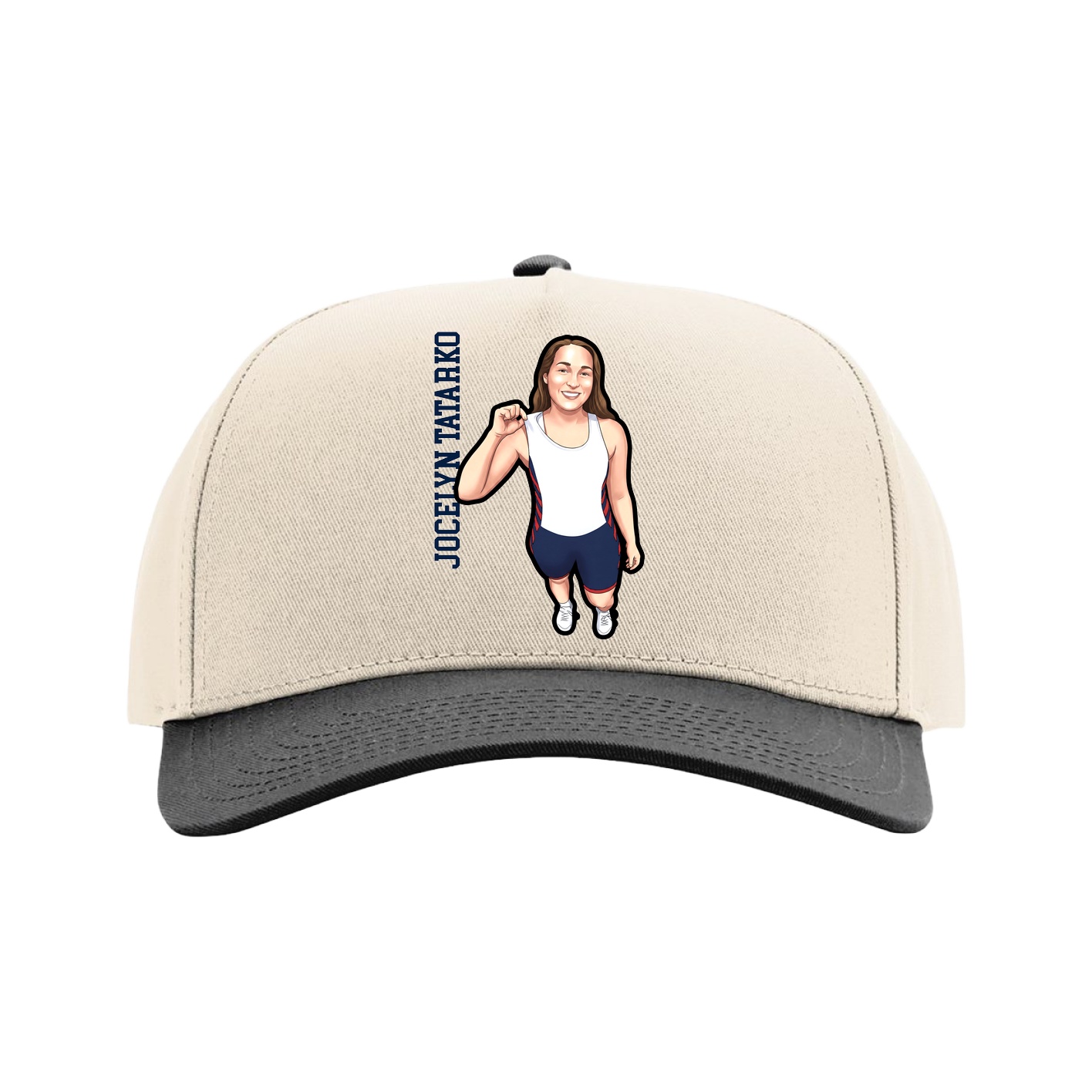 Full Fabric Five-Panel Champ Cap — Name Vertical in Cream/Black