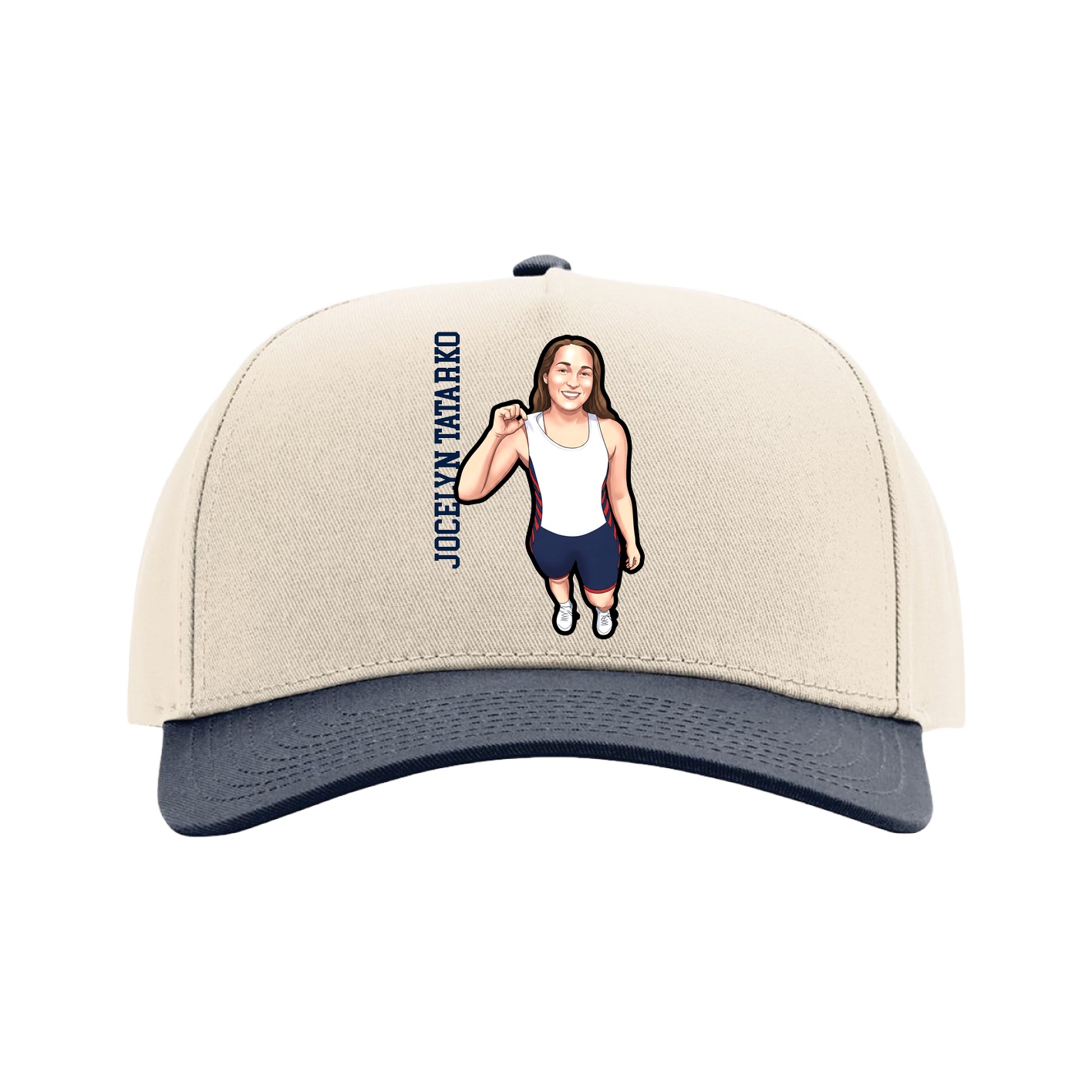 Full Fabric Five-Panel Champ Cap — Name Vertical in Cream/Navy