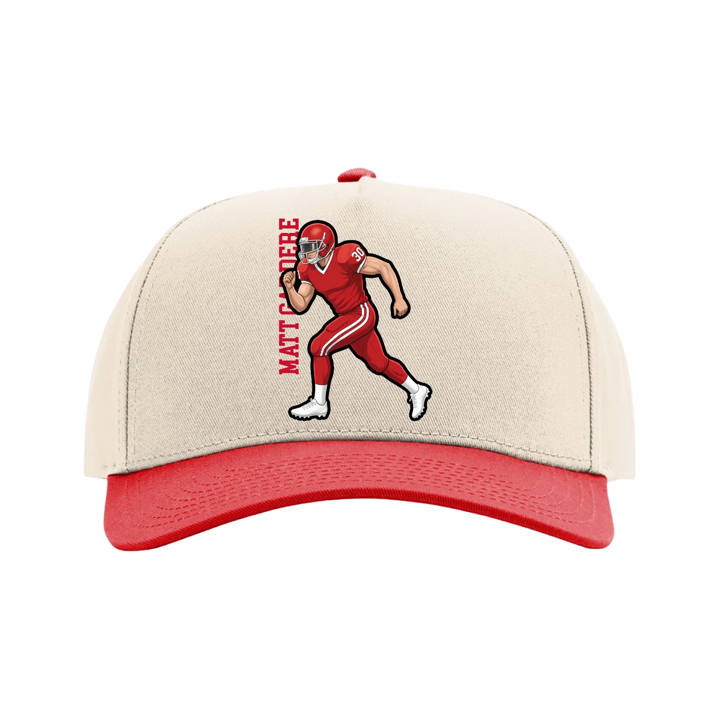 Full Fabric Five-Panel Champ Cap — Name Vertical in Cream/Red