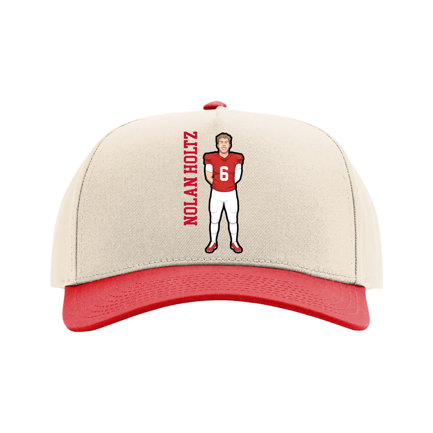 Full Fabric Five-Panel Champ Cap — Name Vertical in Cream/Red