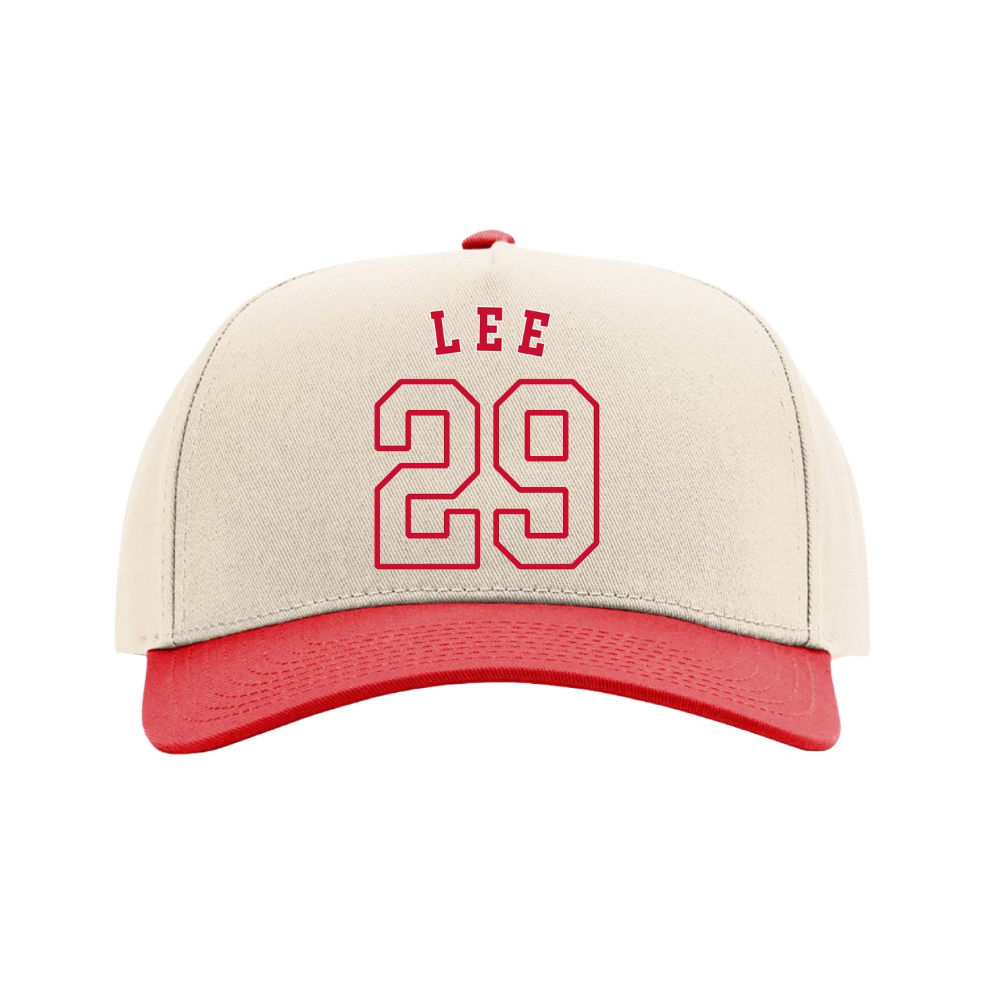 Full Fabric Five-Panel Champ Cap — Shirsey Arch in Cream/Red
