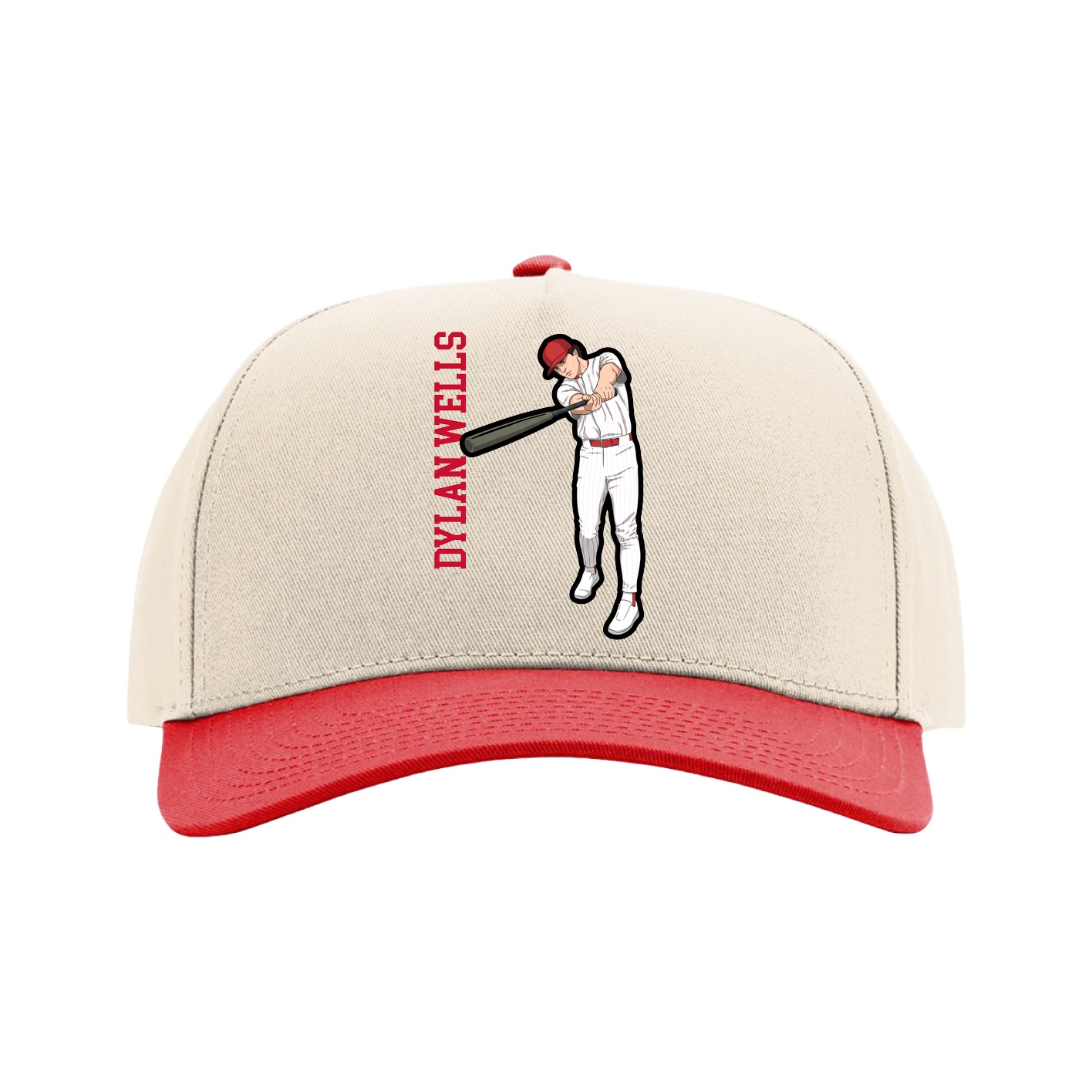 Full Fabric Five-Panel Champ Cap — Name Vertical in Cream/Red