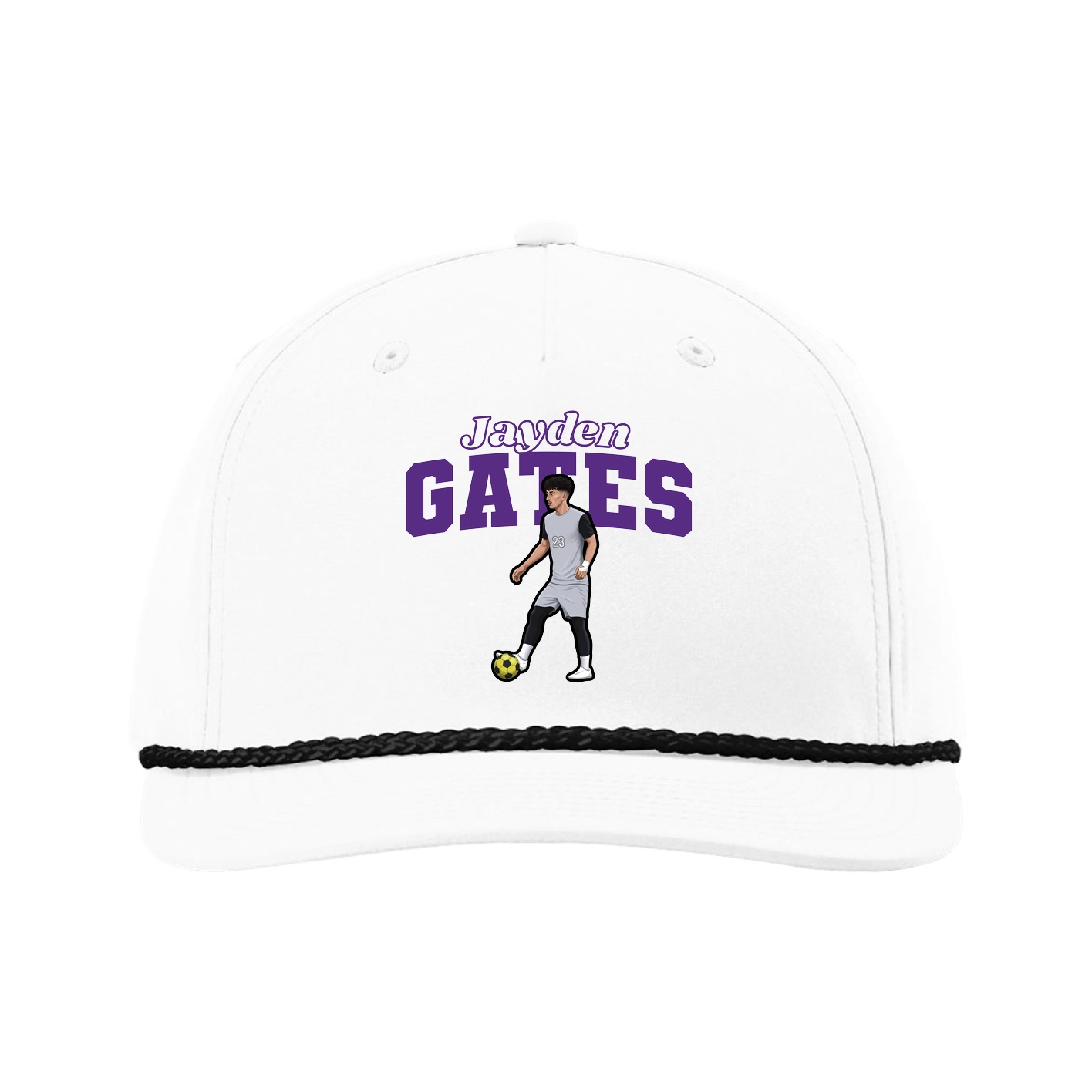 Five-Panel Classic Rope Cap — Name Arch in White