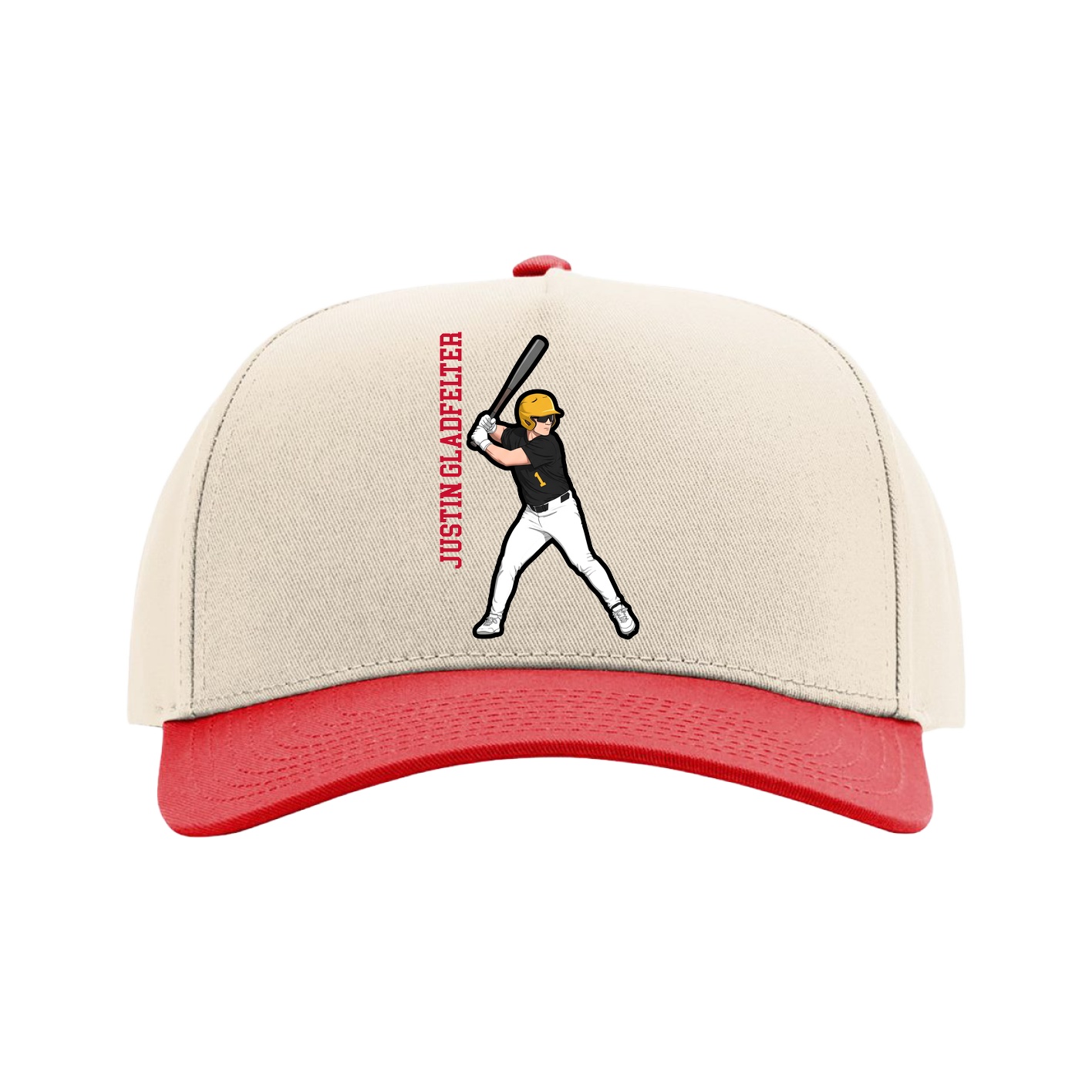 Full Fabric Five-Panel Champ Cap — Name Vertical in Cream/Red