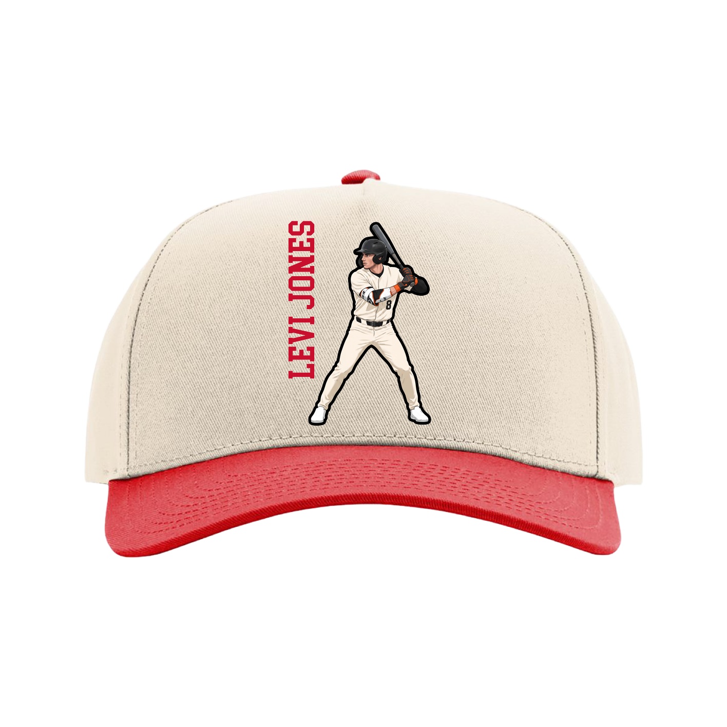 Full Fabric Five-Panel Champ Cap — Name Vertical in Cream/Red