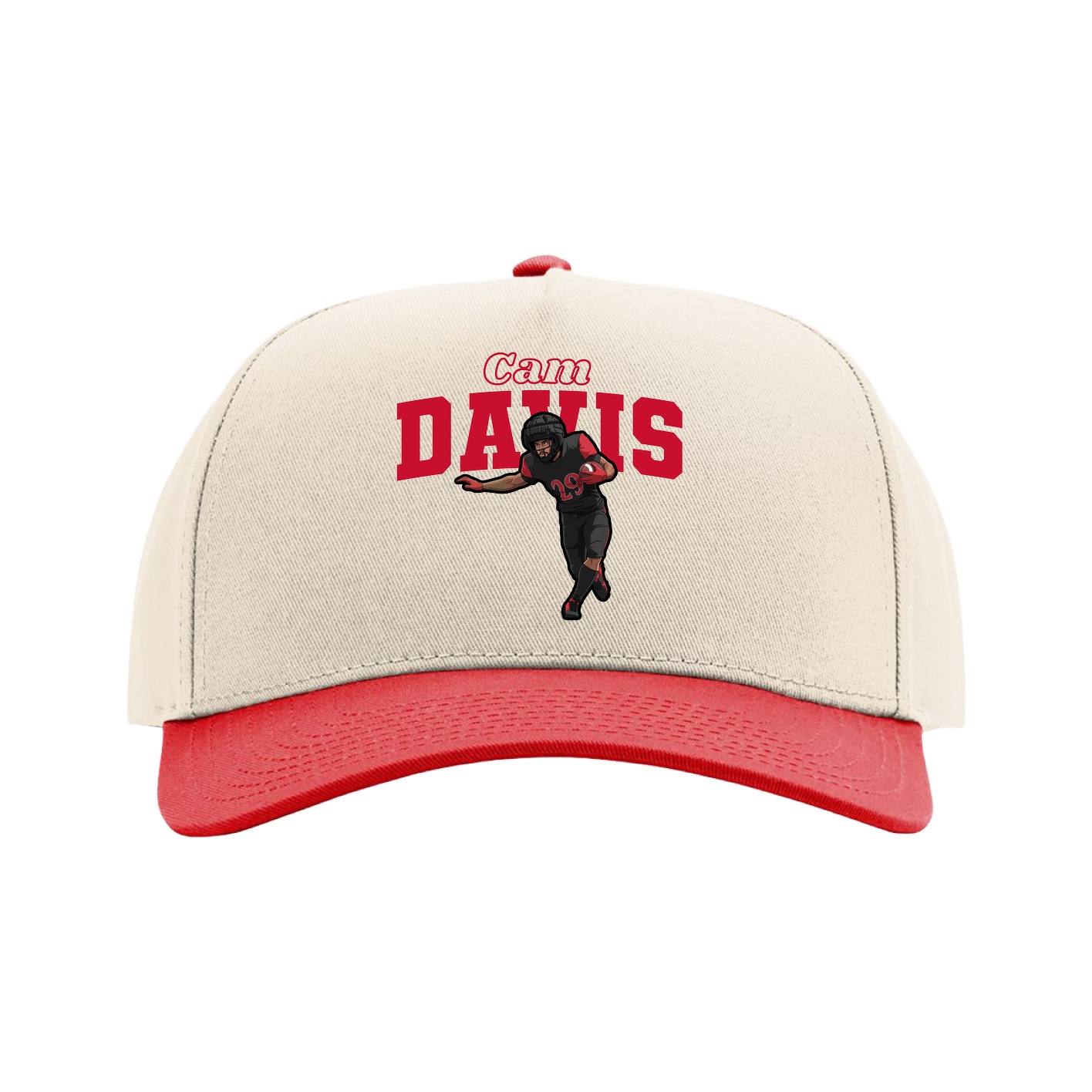 Full Fabric Five-Panel Champ Cap — Name Arch in Cream/Red