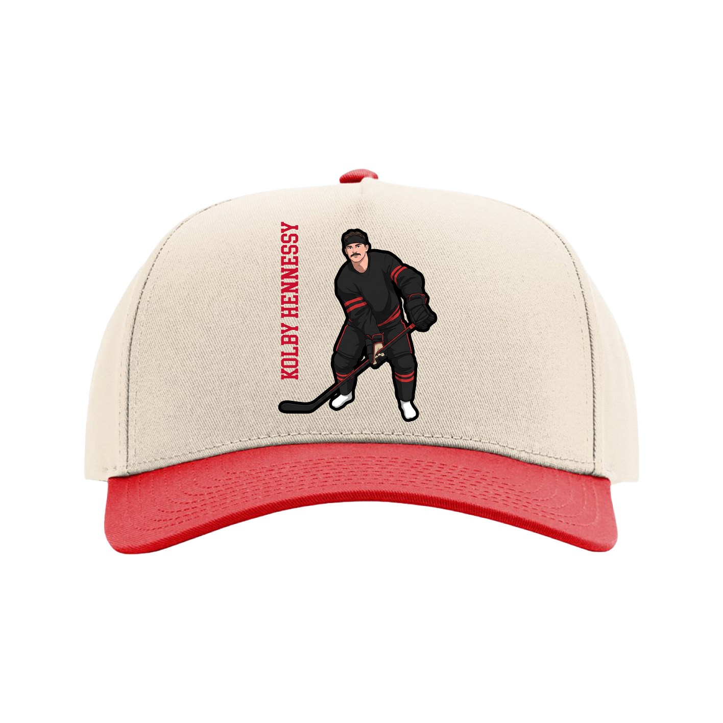 Full Fabric Five-Panel Champ Cap — Name Vertical in Cream/Red