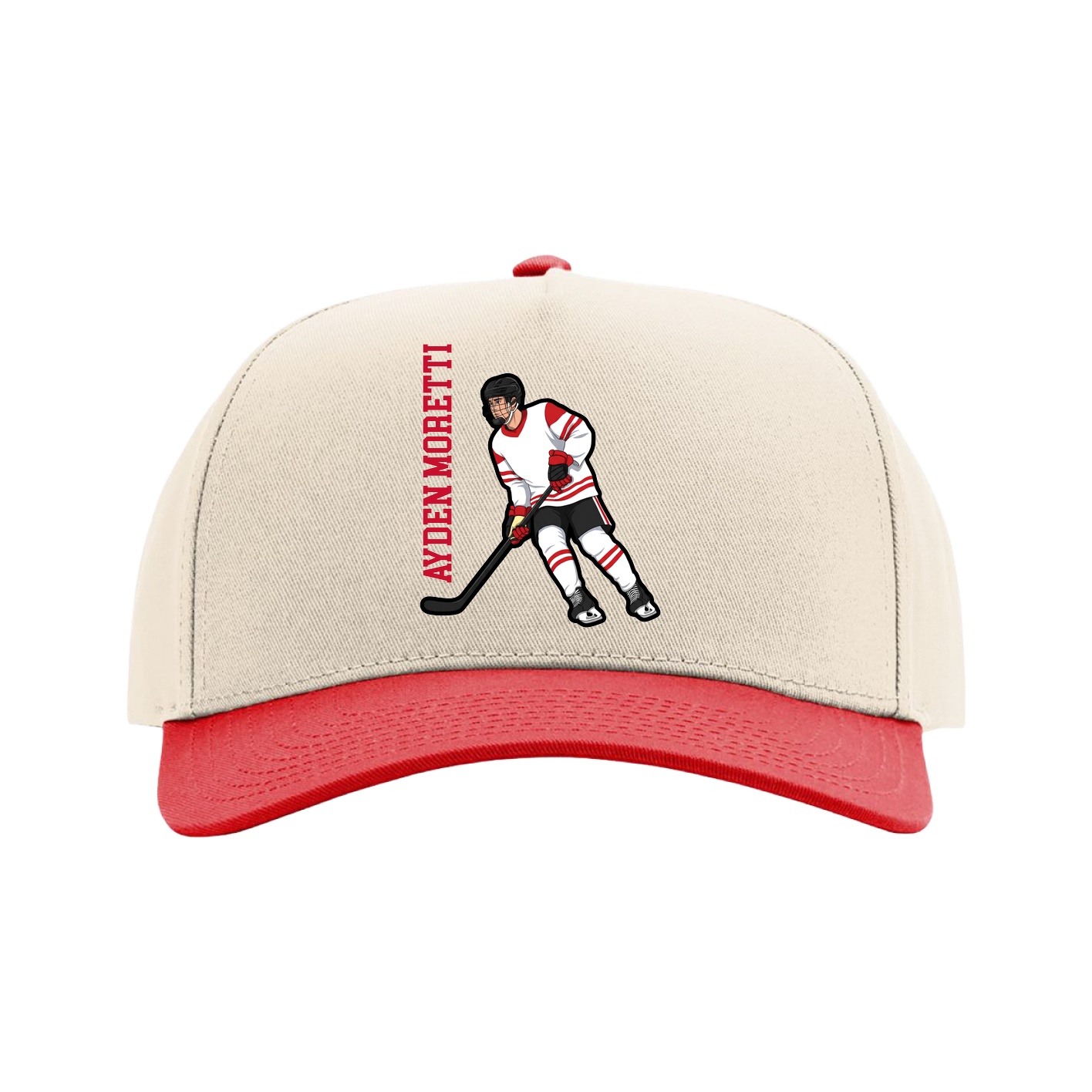 Full Fabric Five-Panel Champ Cap — Name Vertical in Cream/Red
