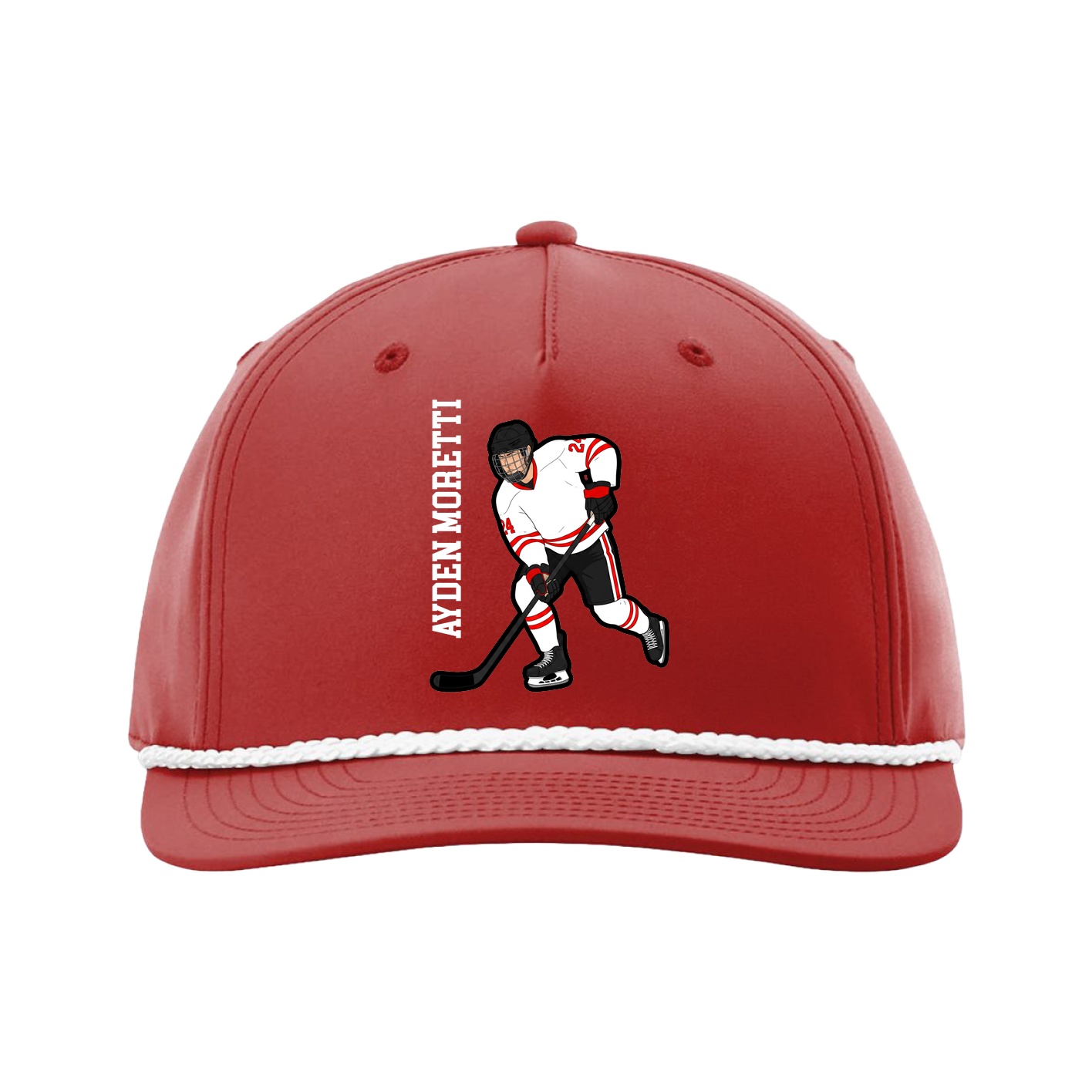 Five-Panel Classic Rope Cap — Name Vertical in Red