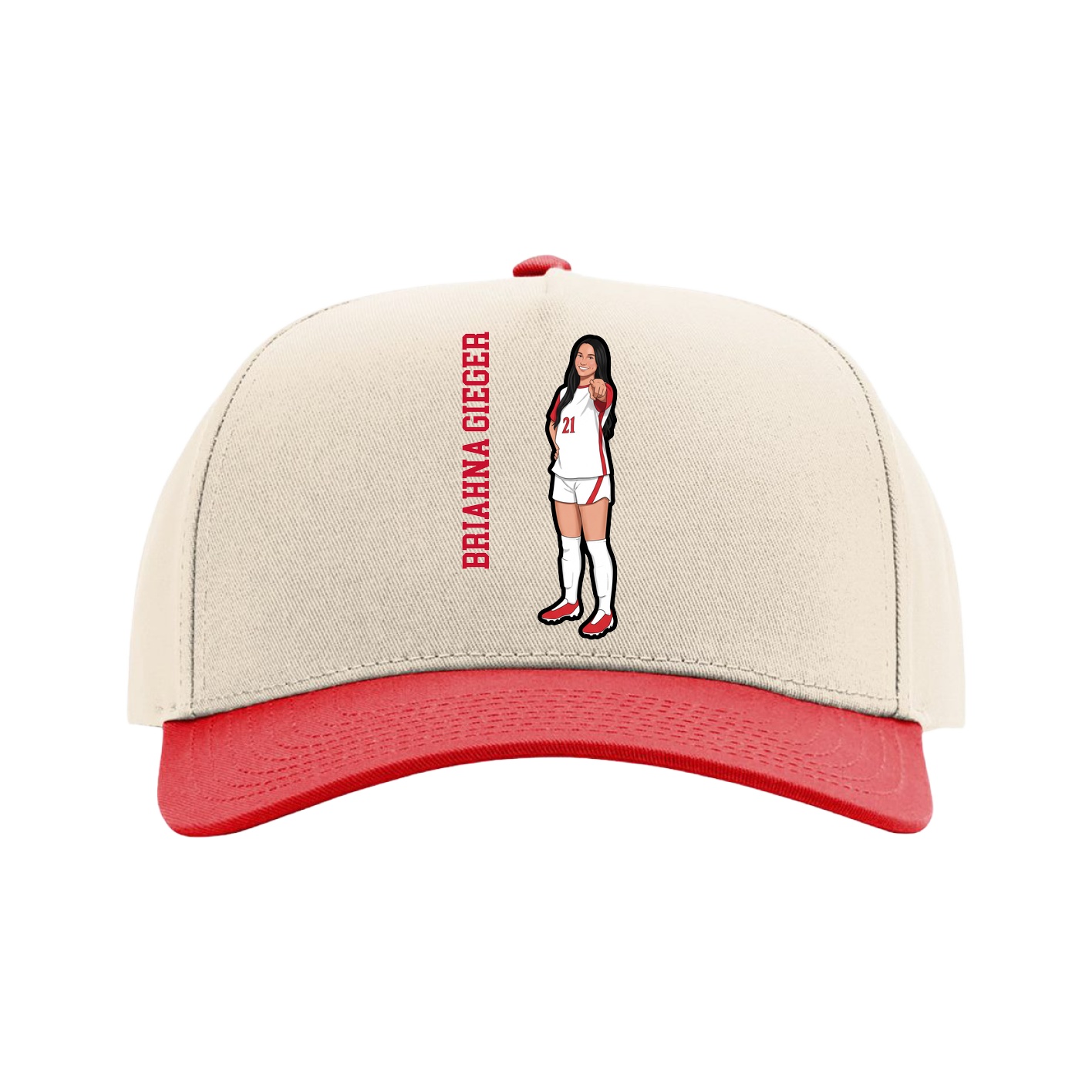 Full Fabric Five-Panel Champ Cap — Name Vertical in Cream/Red