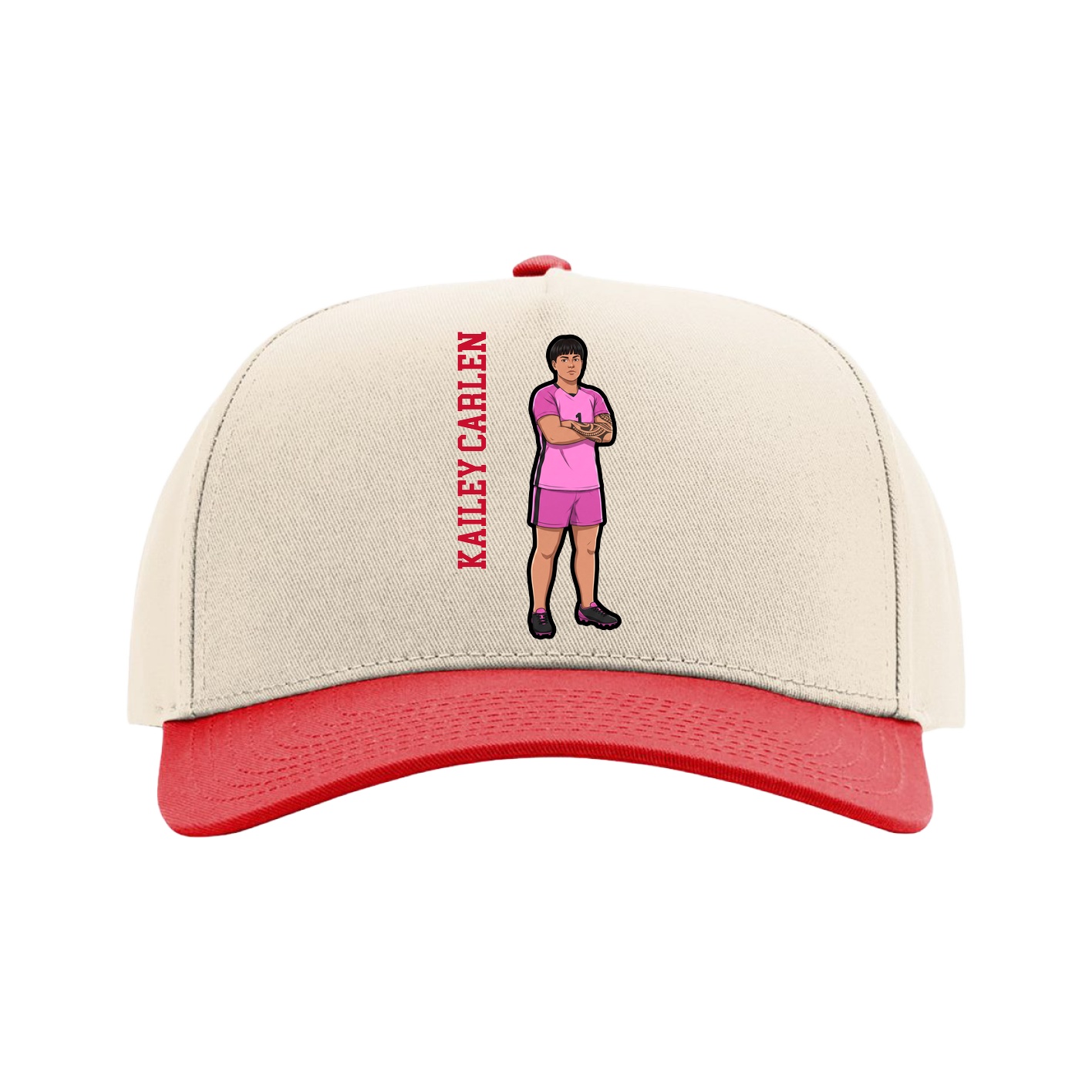Full Fabric Five-Panel Champ Cap — Name Vertical in Cream/Red
